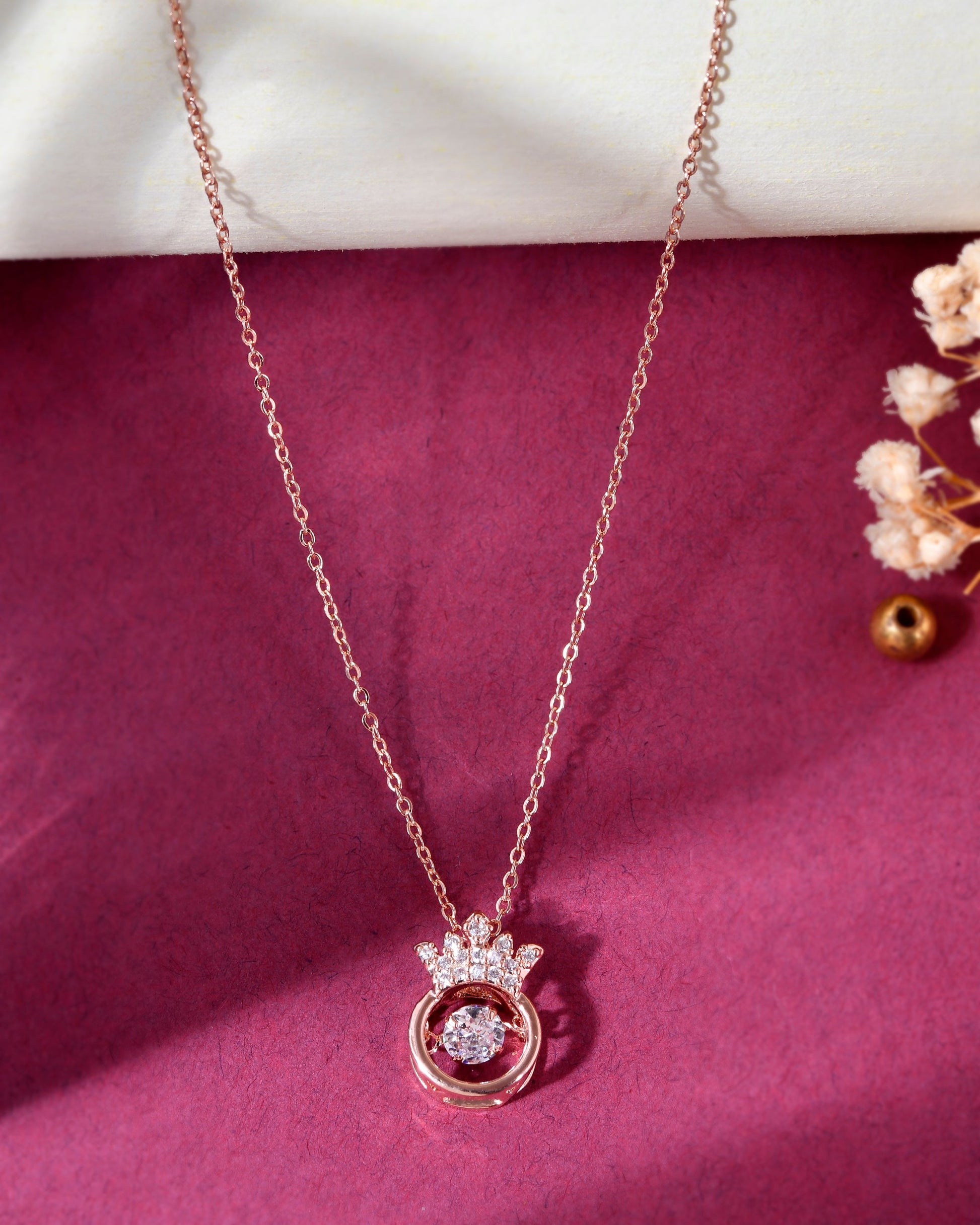 VOJ Rose Gold-Polished Chain With AD Studded crown Shaped Pendent | Swadesiicart
