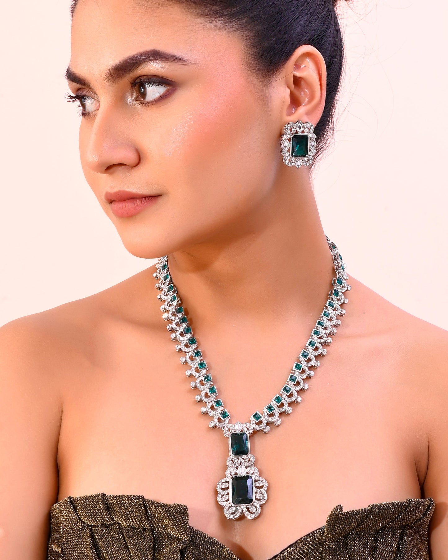 VOJ Green Silver-Plated Long Necklace Earring Jewellery Set - Swadesiicart