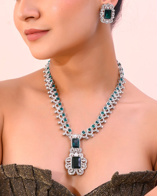 VOJ Green Silver-Plated Long Necklace Earring Jewellery Set - Swadesiicart