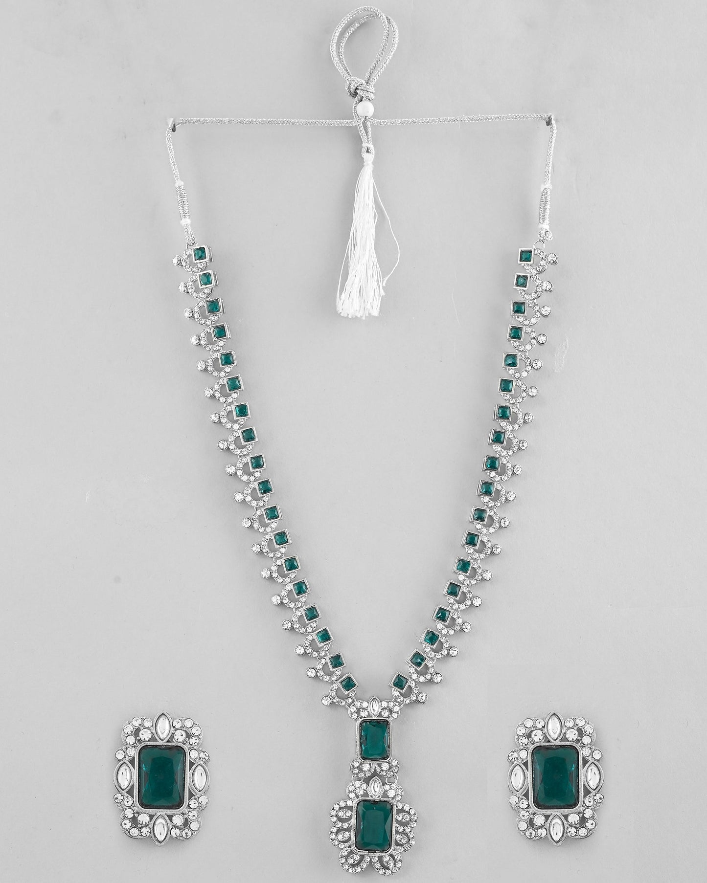 VOJ Green Silver-Plated Long Necklace Earring Jewellery Set - Swadesiicart