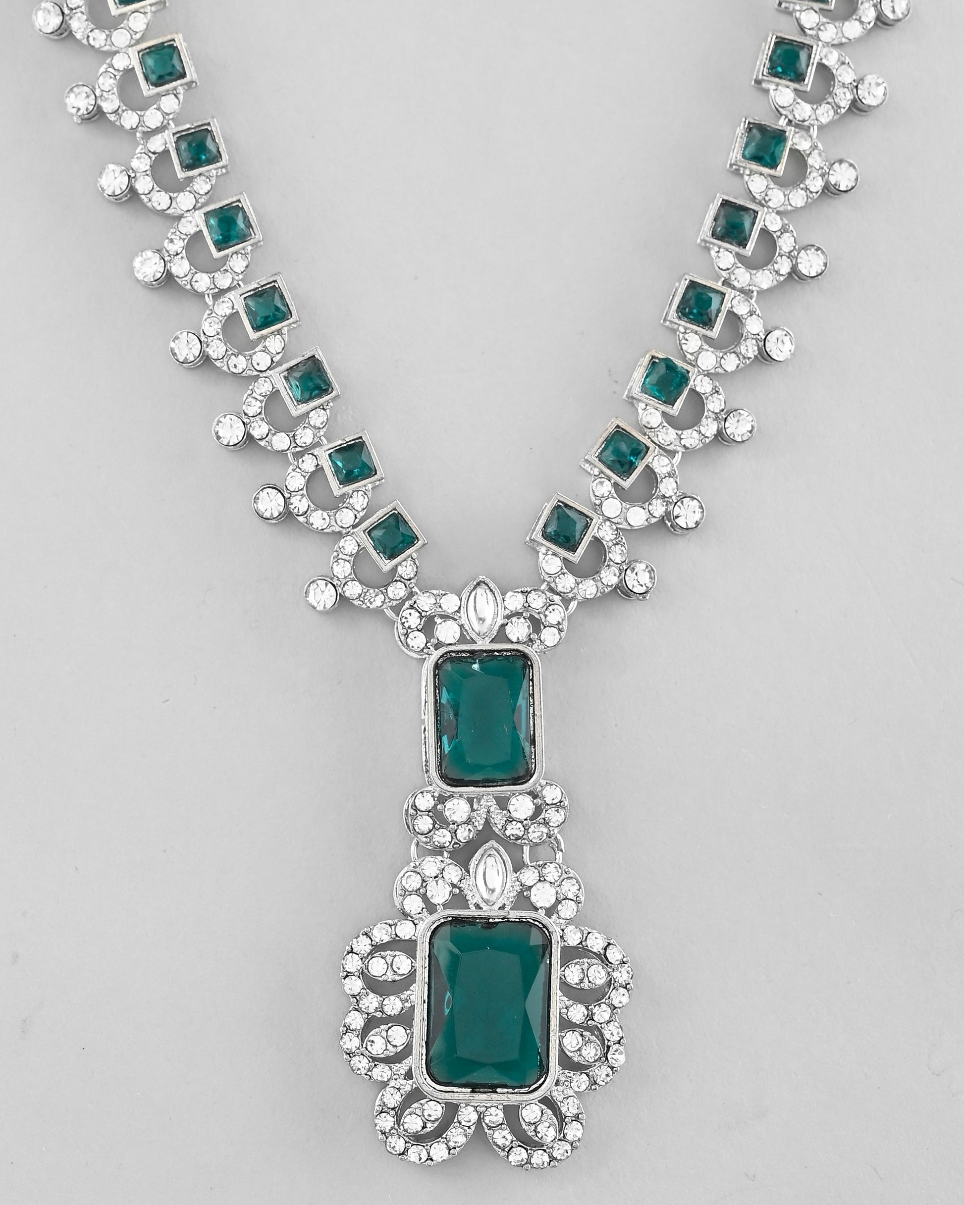 VOJ Green Silver-Plated Long Necklace Earring Jewellery Set - Swadesiicart