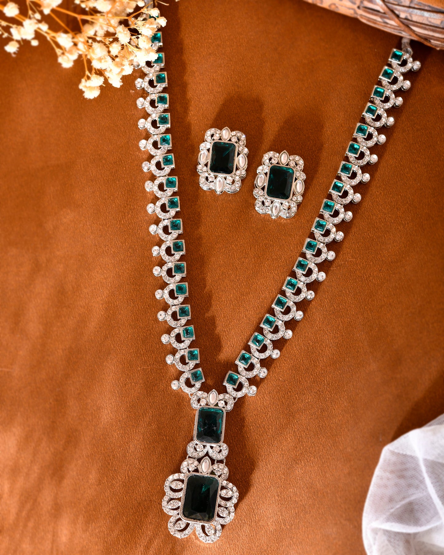 VOJ Green Silver-Plated Long Necklace Earring Jewellery Set - Swadesiicart