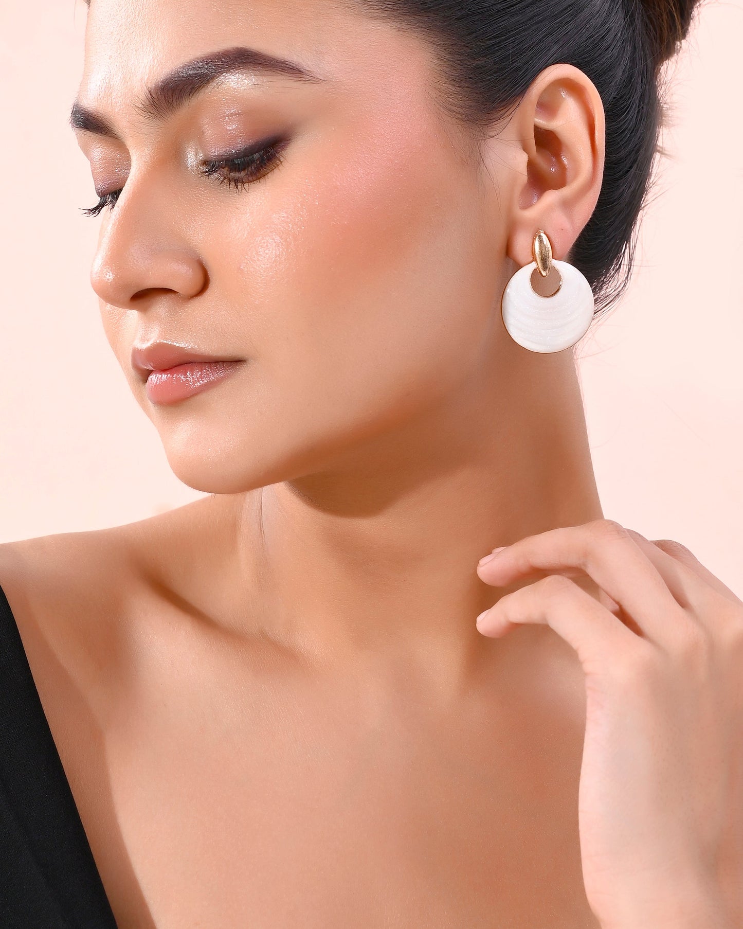 VOJ Gold-Polished Korean Style White Circular Studs Earrings - Swadesiicart