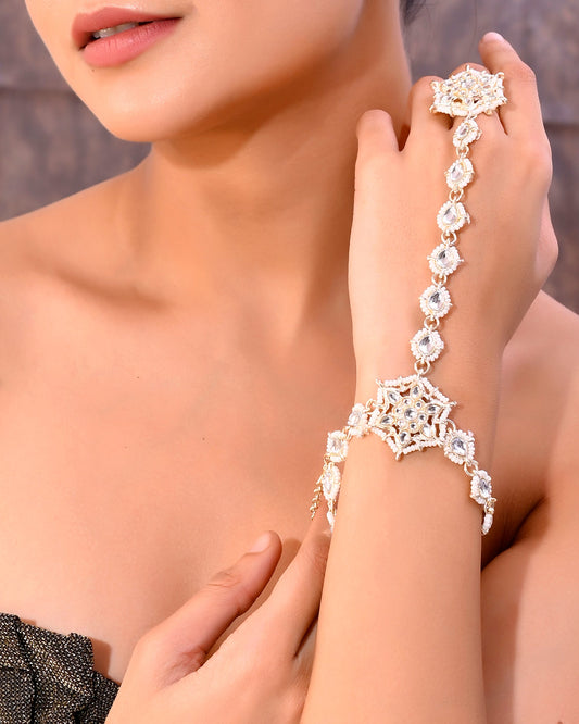 VOJ Gold-Polished Pearl And Kundan Ring Bracelet - Swadesiicart
