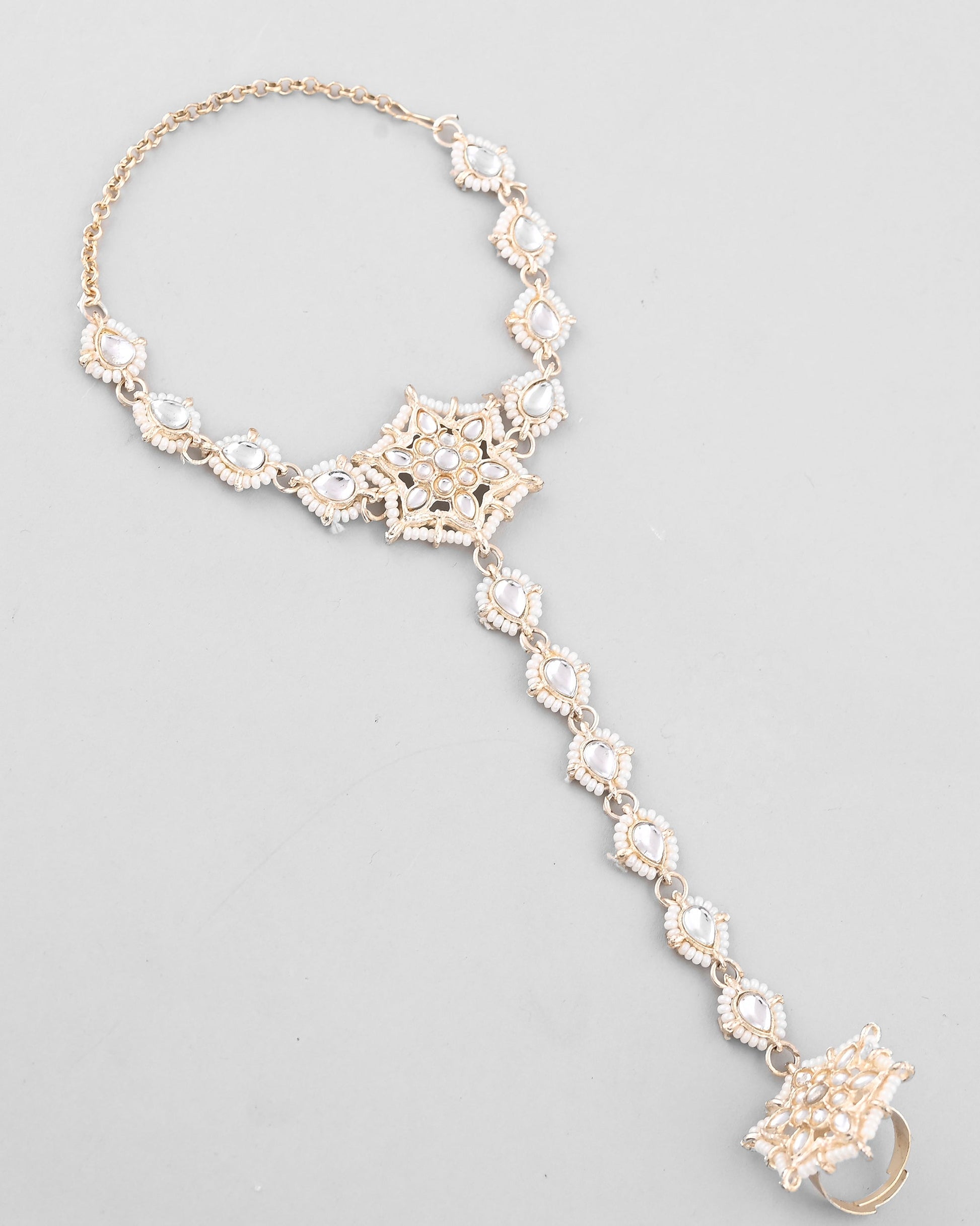 VOJ Gold-Polished Pearl And Kundan Ring Bracelet - Swadesiicart