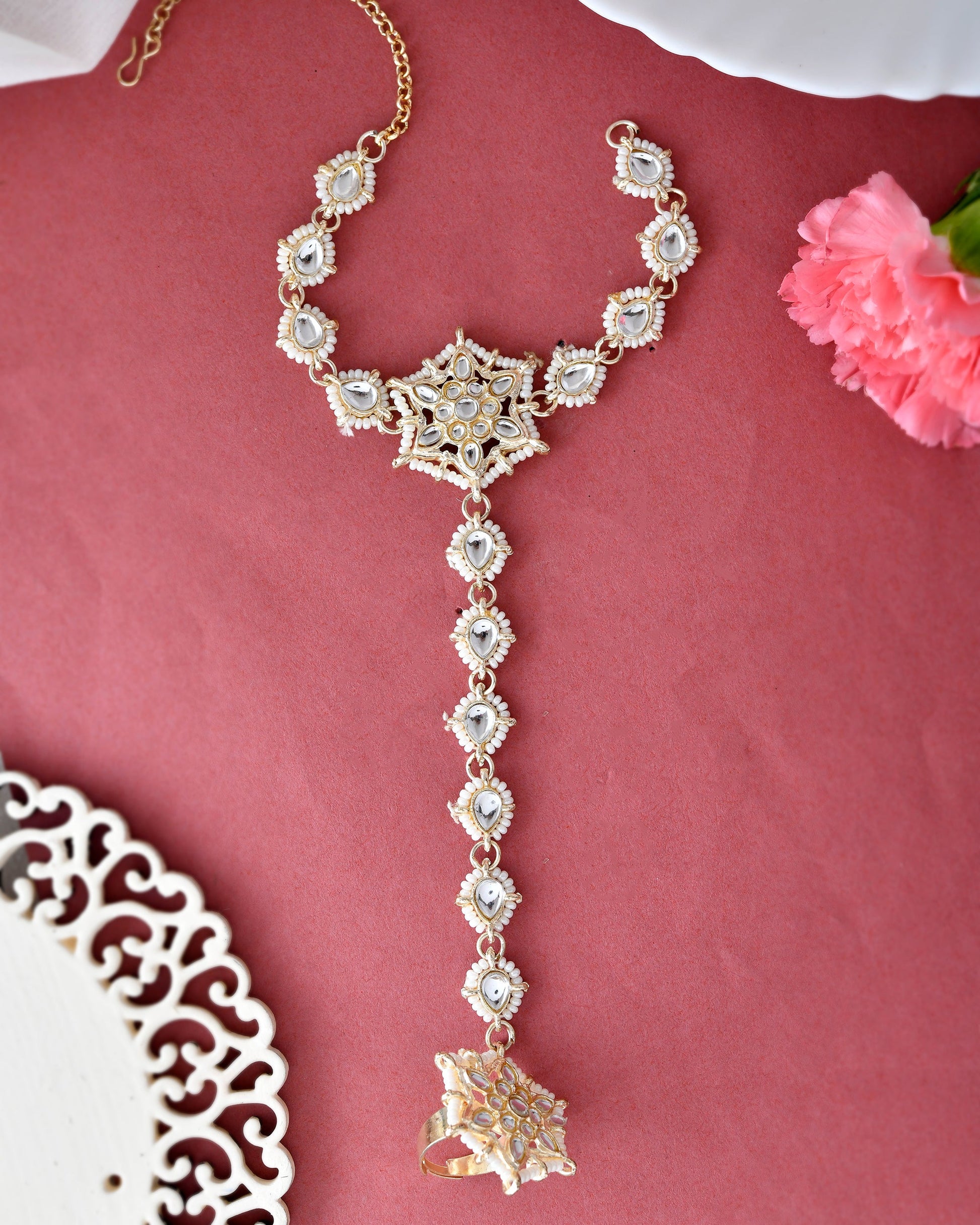 VOJ Gold-Polished Pearl And Kundan Ring Bracelet - Swadesiicart