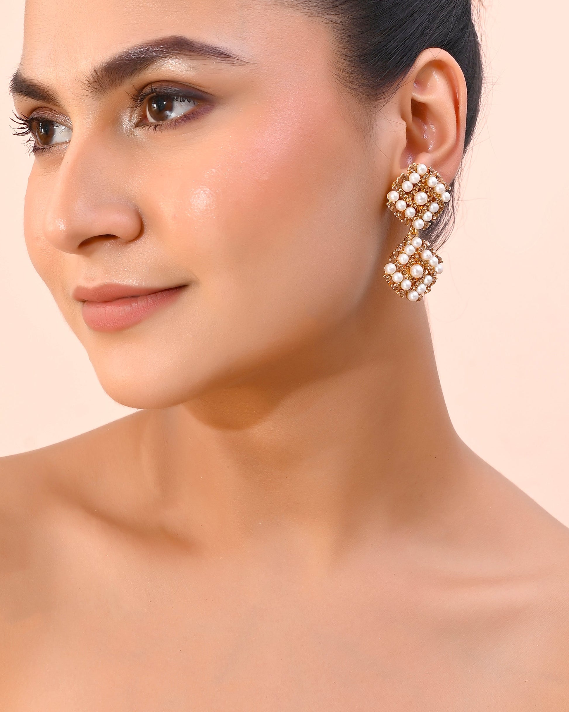 VOJ Gold-Polished Pearl And Gold Stone Drop Stud Earrings - Swadesiicart