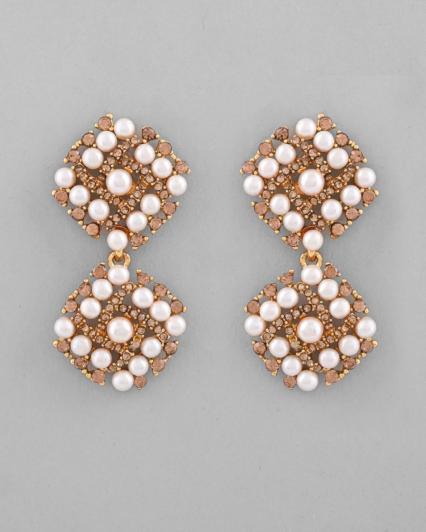 VOJ Gold-Polished Pearl And Gold Stone Drop Stud Earrings - Swadesiicart