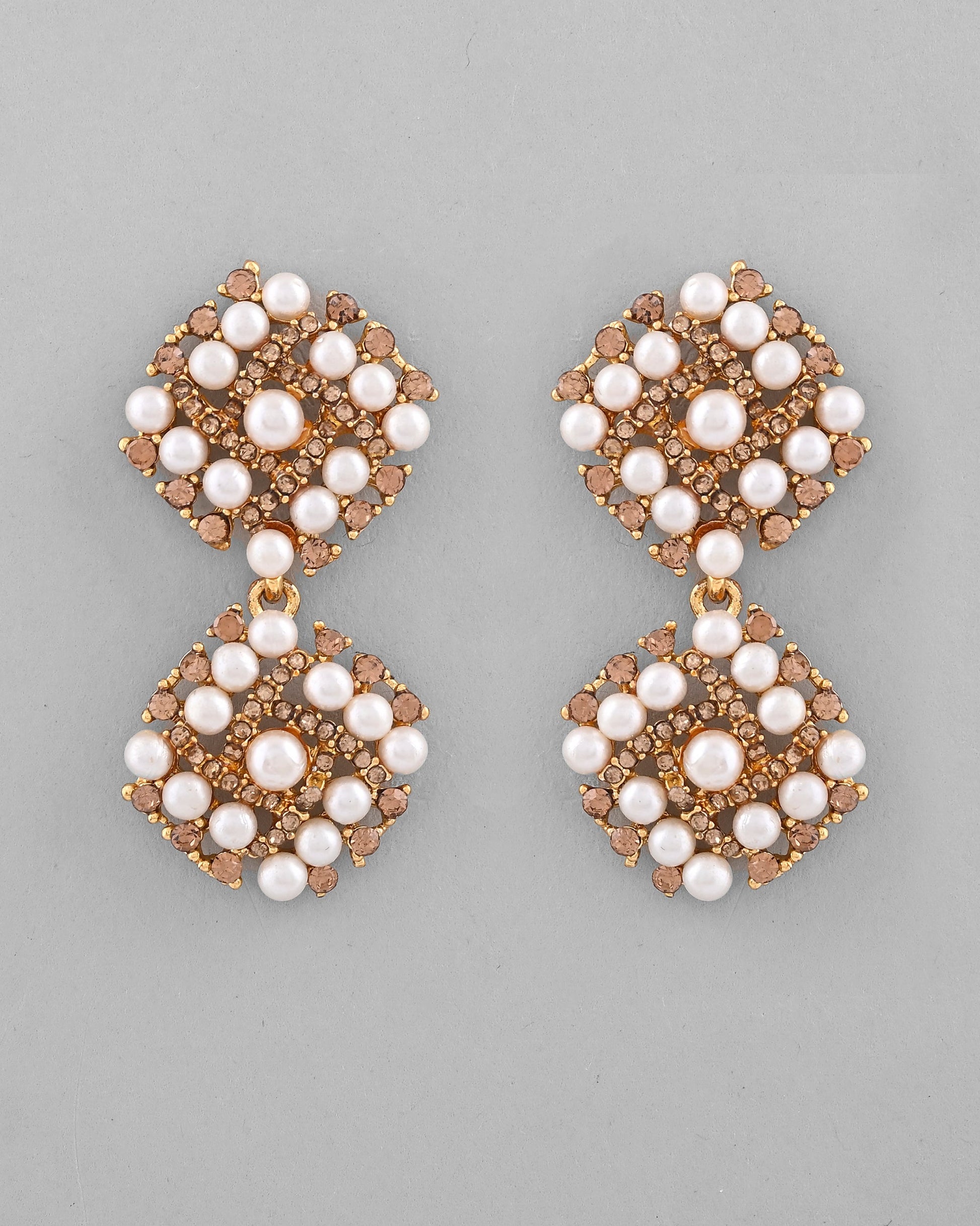 VOJ Gold-Polished Pearl And Gold Stone Drop Stud Earrings - Swadesiicart