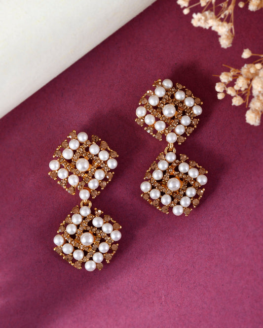 VOJ Gold-Polished Pearl And Gold Stone Drop Stud Earrings - Swadesiicart