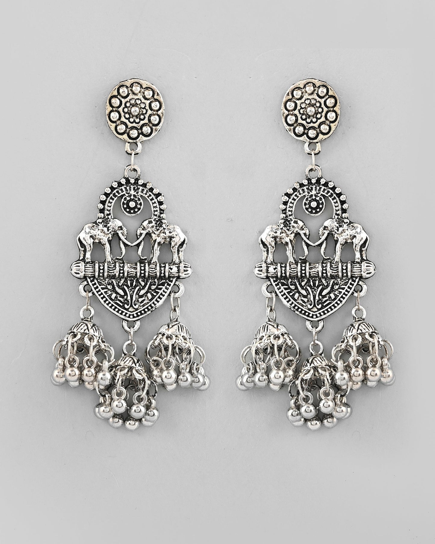 VOJ Silver-Plated Elephant Oxidized Contemporary Drop Earrings - Swadesiicart