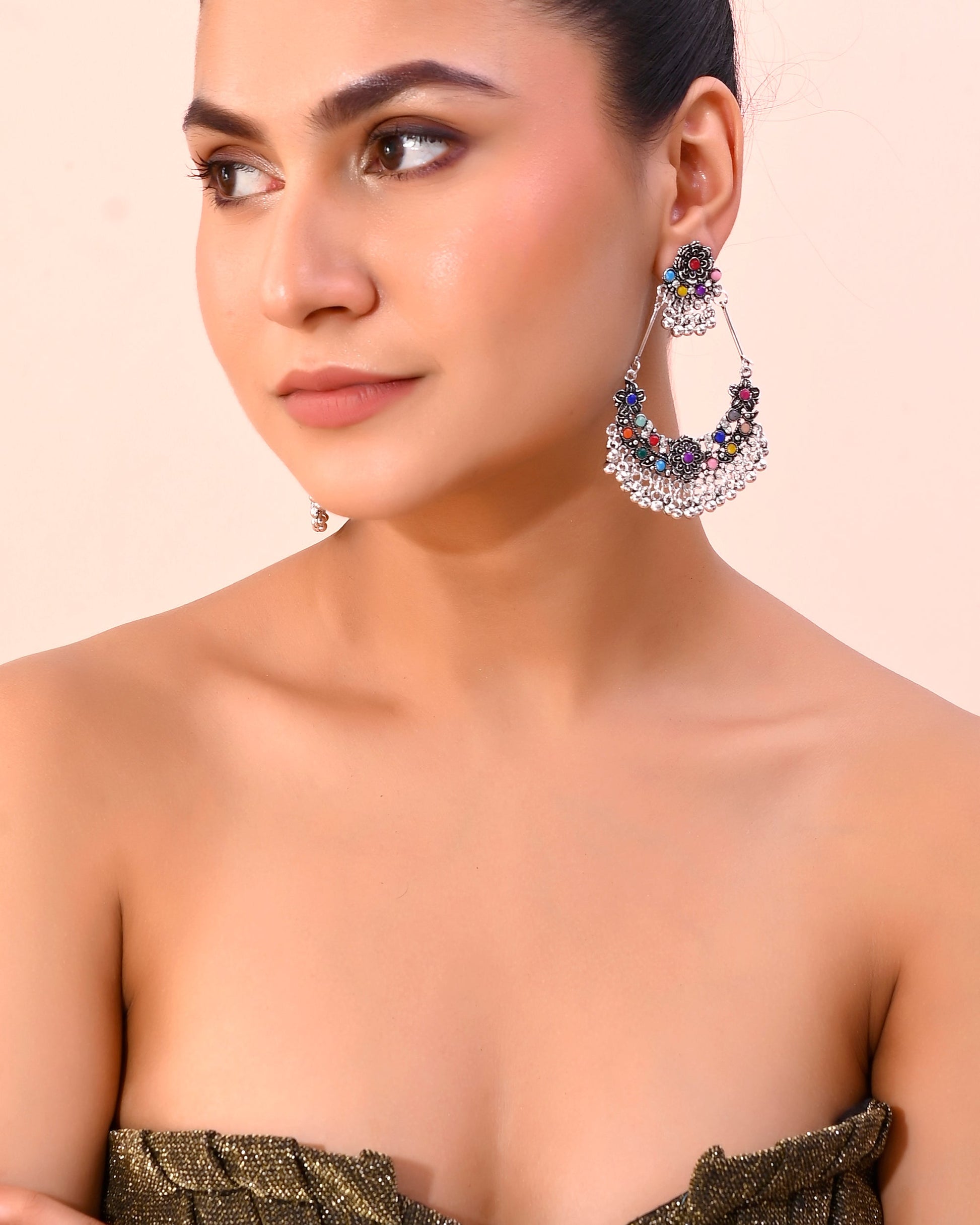 VOJ Silver-Plated multi Colour Flower Oxidized Shaped Drop Earrings - Swadesiicart