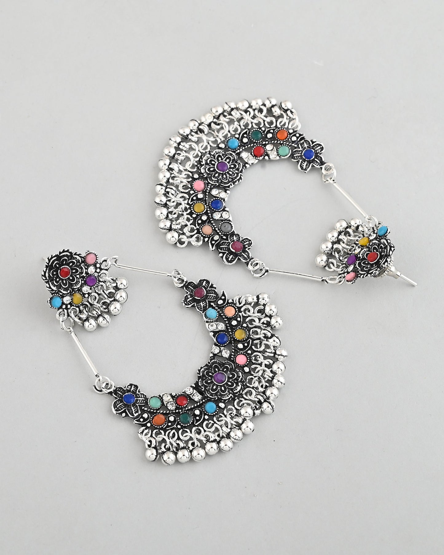 VOJ Silver-Plated multi Colour Flower Oxidized Shaped Drop Earrings - Swadesiicart