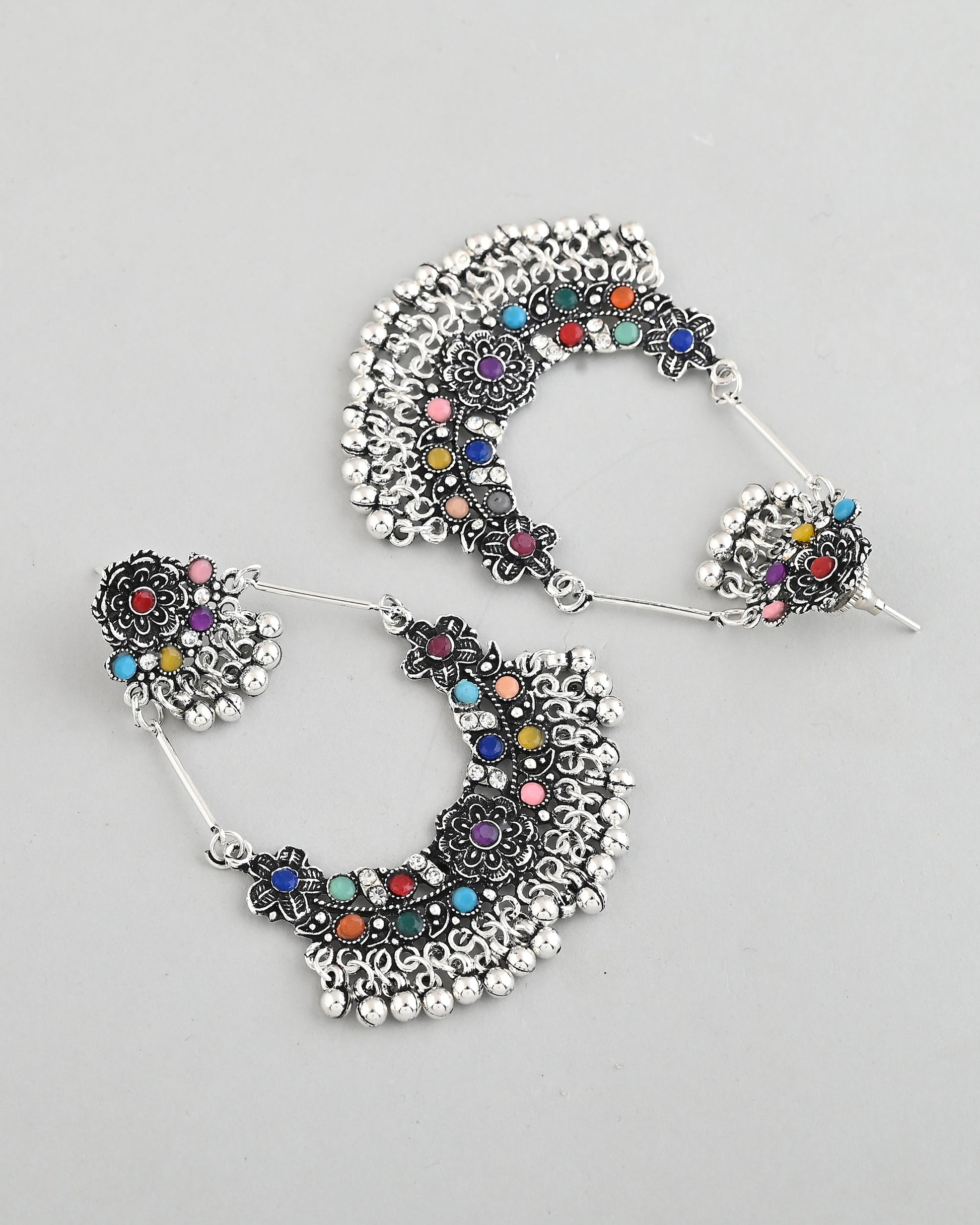 VOJ Silver-Plated multi Colour Flower Oxidized Shaped Drop Earrings - Swadesiicart
