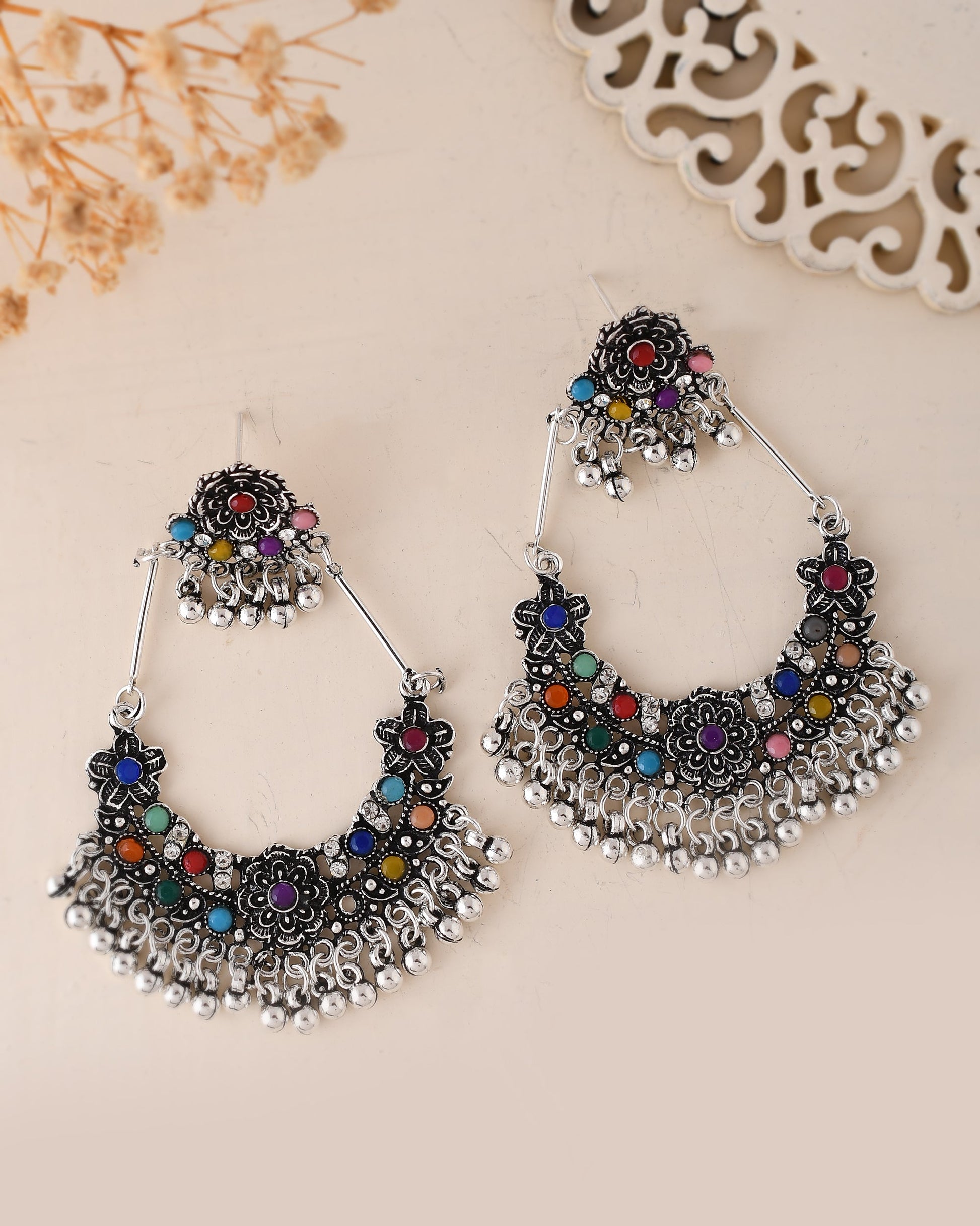 VOJ Silver-Plated multi Colour Flower Oxidized Shaped Drop Earrings - Swadesiicart
