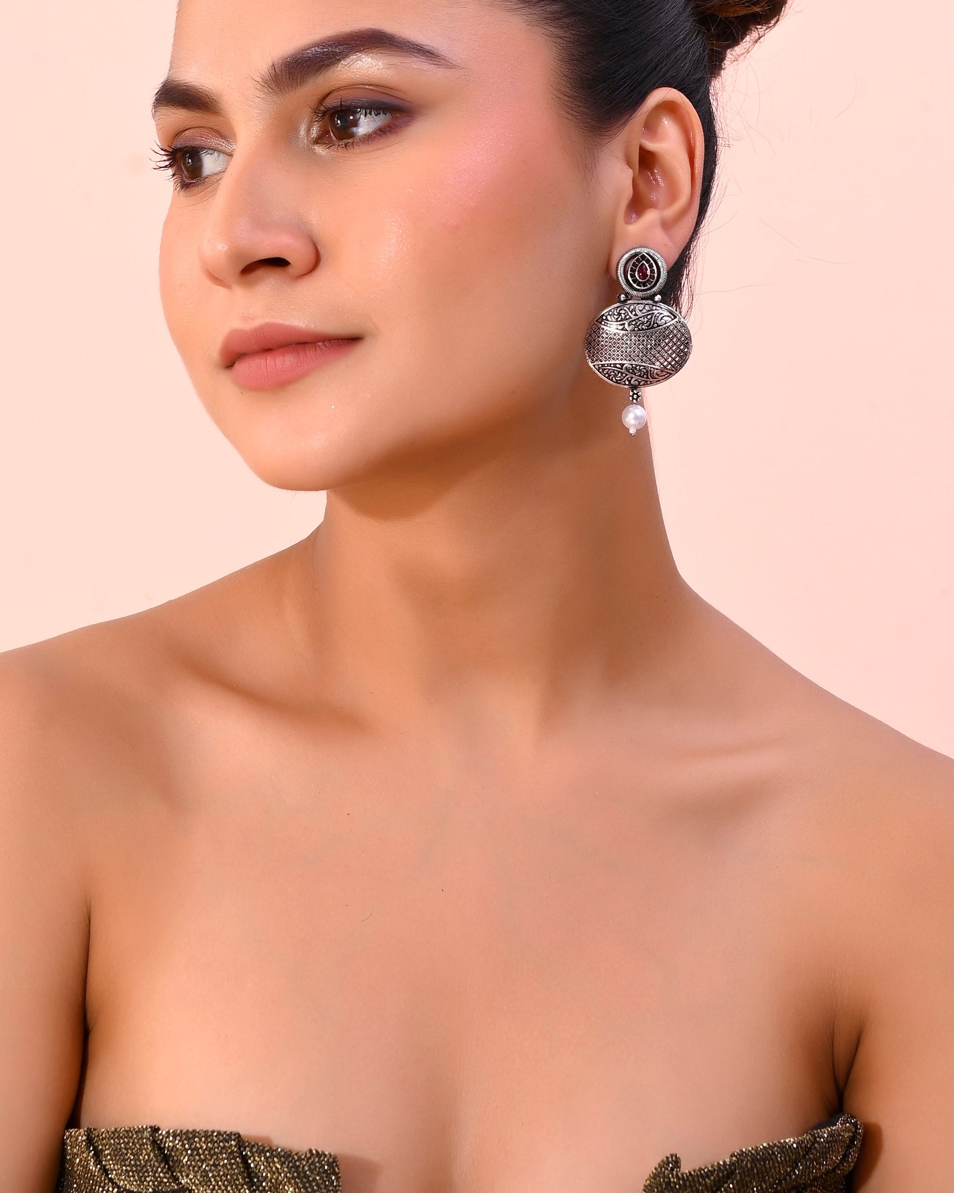 VOJ Rhodium-Plated Oxidized Contemporary With Pearl Earrings - Swadesiicart