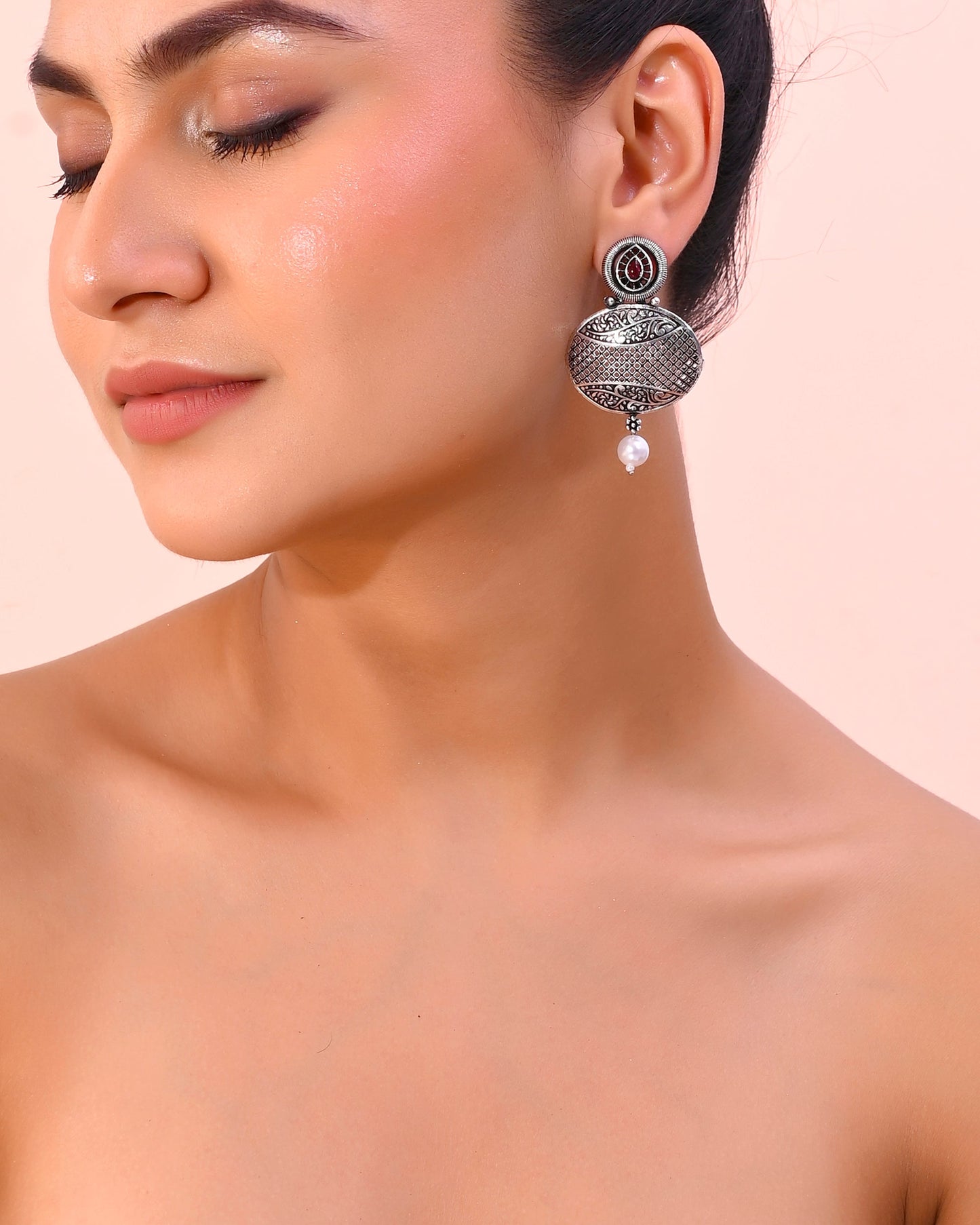 VOJ Rhodium-Plated Oxidized Contemporary With Pearl Earrings - Swadesiicart