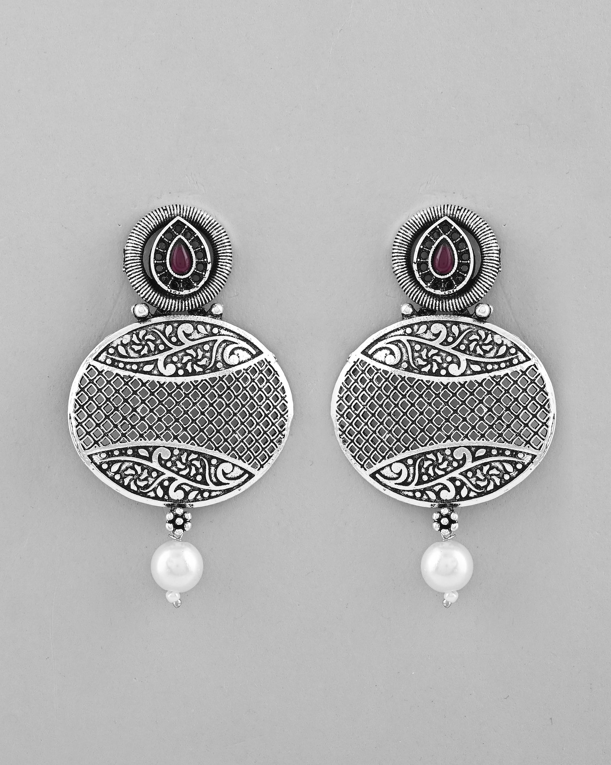 VOJ Rhodium-Plated Oxidized Contemporary With Pearl Earrings - Swadesiicart