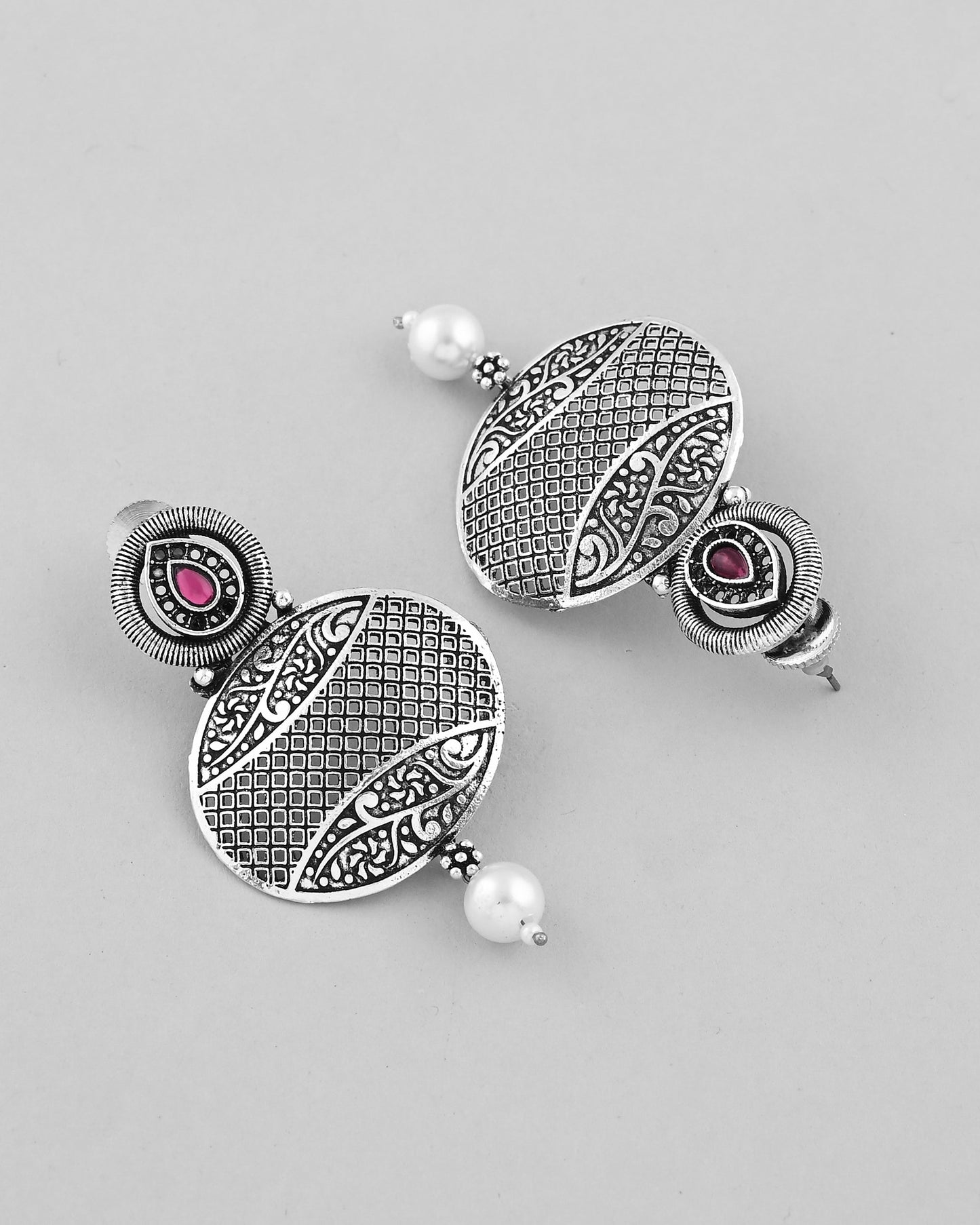 VOJ Rhodium-Plated Oxidized Contemporary With Pearl Earrings - Swadesiicart