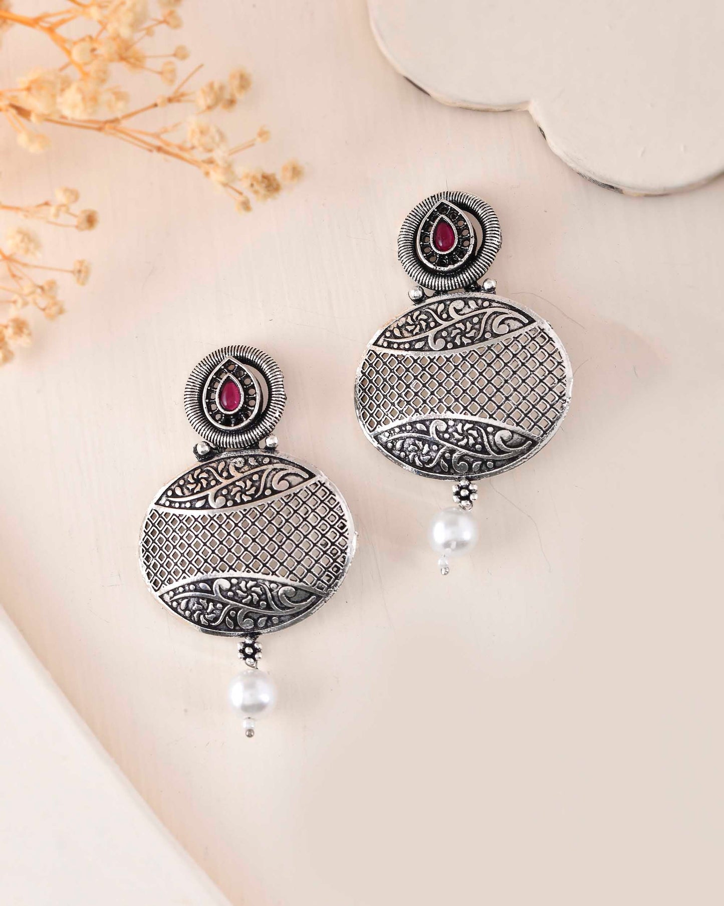 VOJ Rhodium-Plated Oxidized Contemporary With Pearl Earrings - Swadesiicart