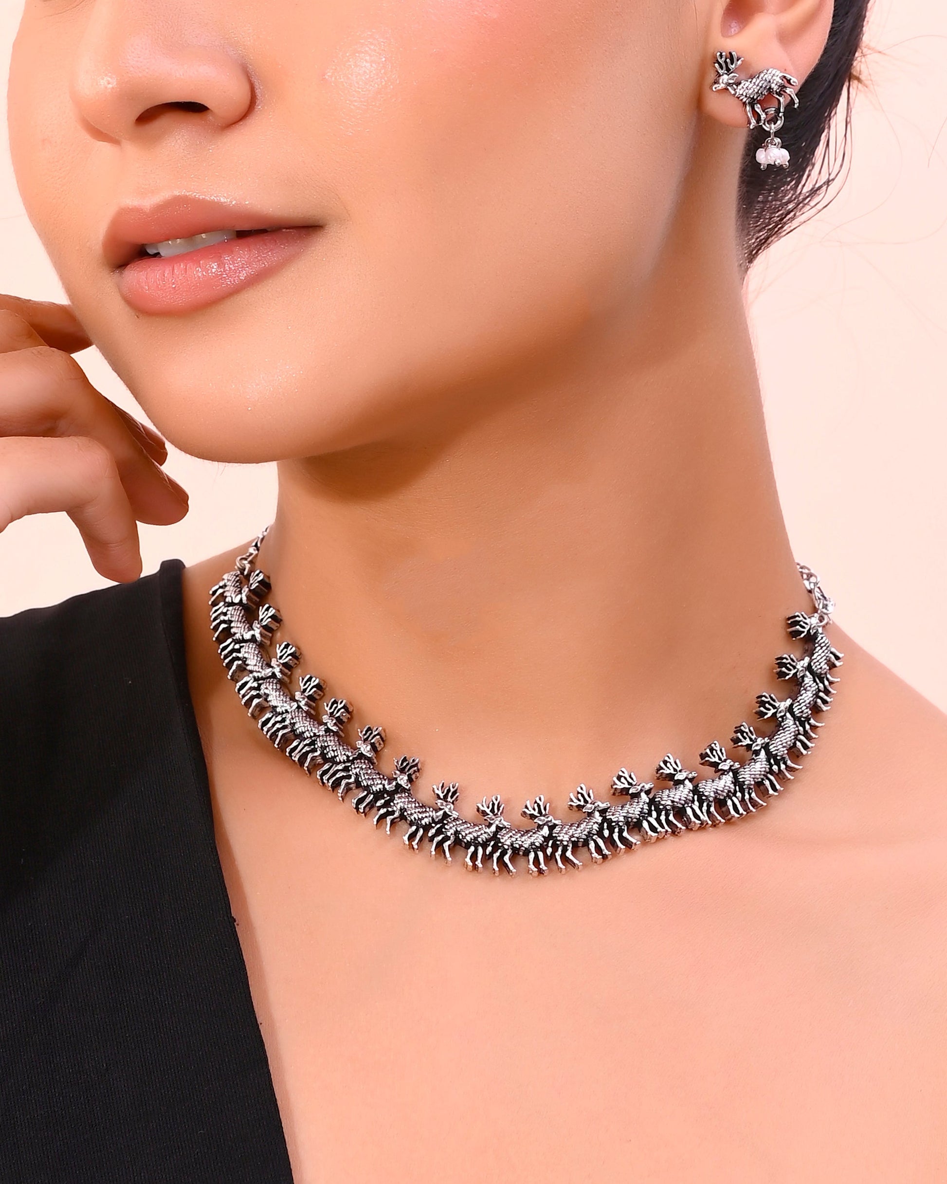 VOJ Rhodium-Plated Deer Oxidized Contemporary Choker With Earrings Set - Swadesiicart