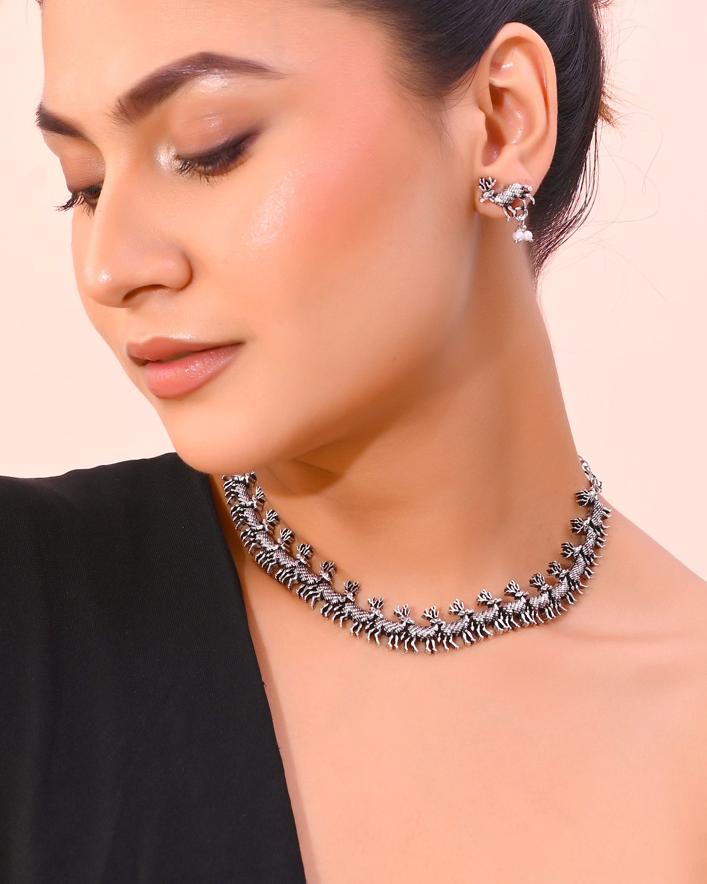 VOJ Rhodium-Plated Deer Oxidized Contemporary Choker With Earrings Set - Swadesiicart