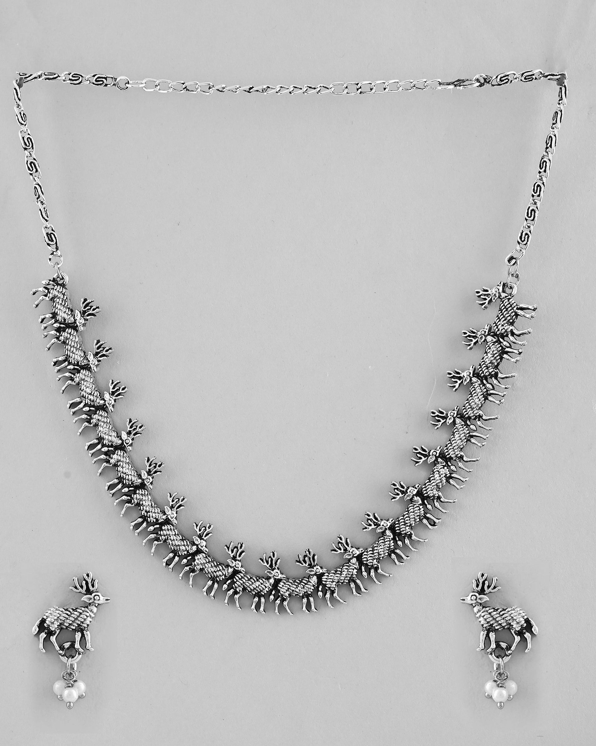 VOJ Rhodium-Plated Deer Oxidized Contemporary Choker With Earrings Set - Swadesiicart