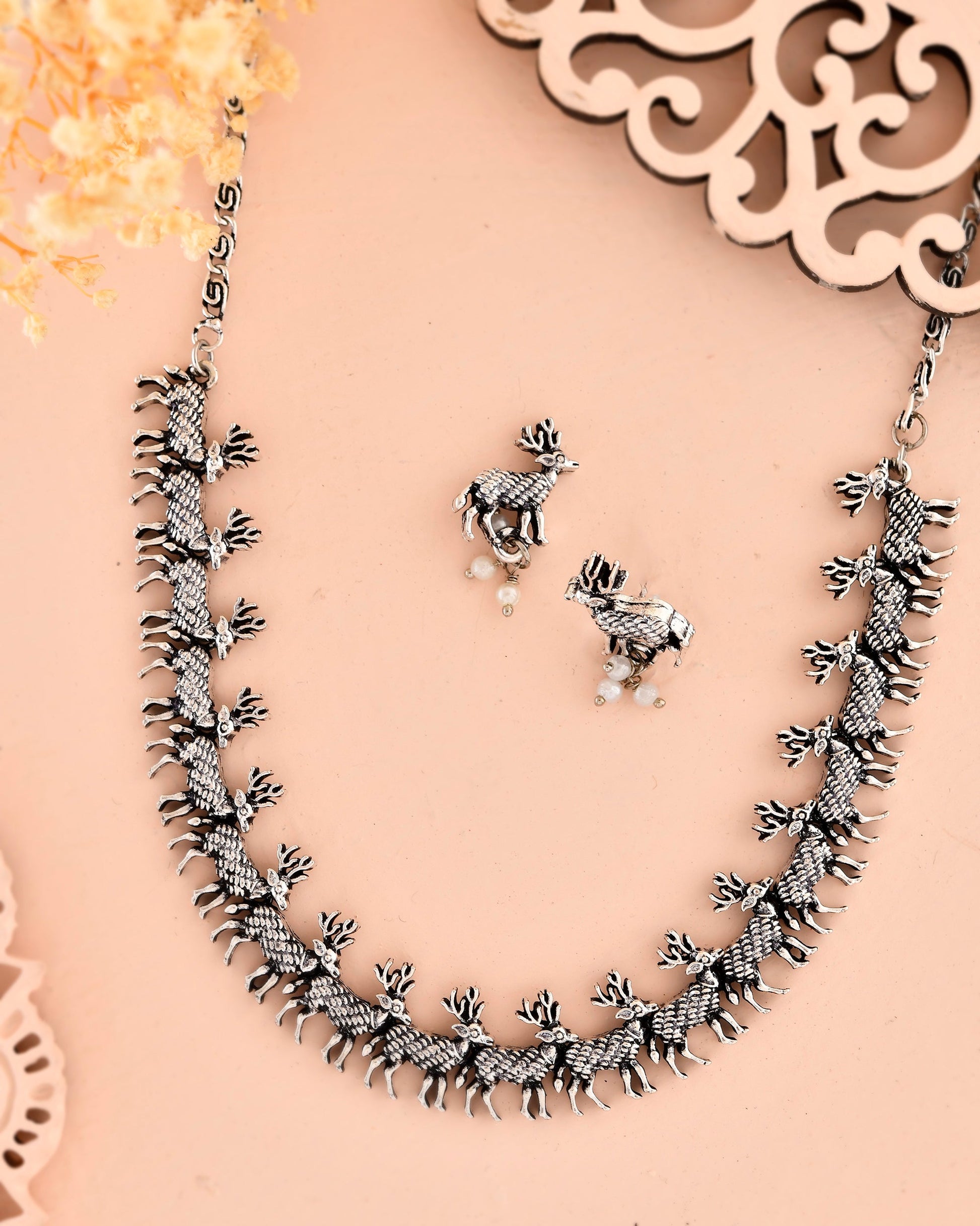 VOJ Rhodium-Plated Deer Oxidized Contemporary Choker With Earrings Set - Swadesiicart