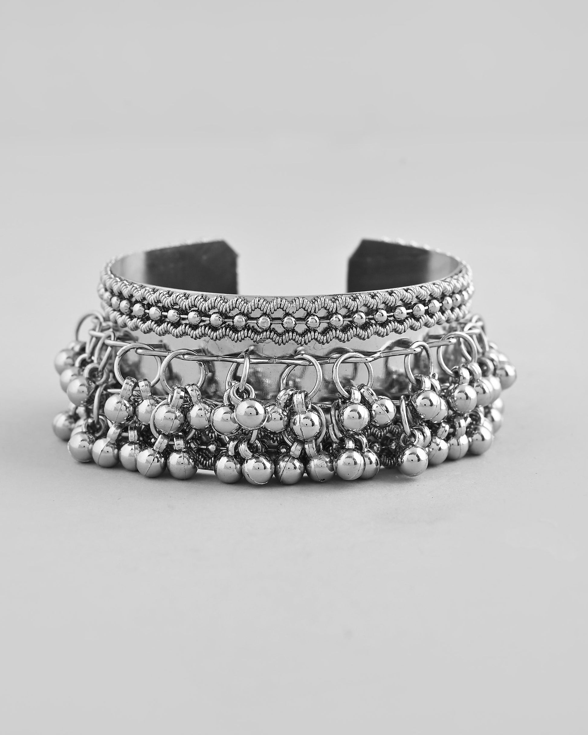 VOJ Silver-Plated Ghungroo Studded Oxidized Cuff Bracelet - Swadesiicart