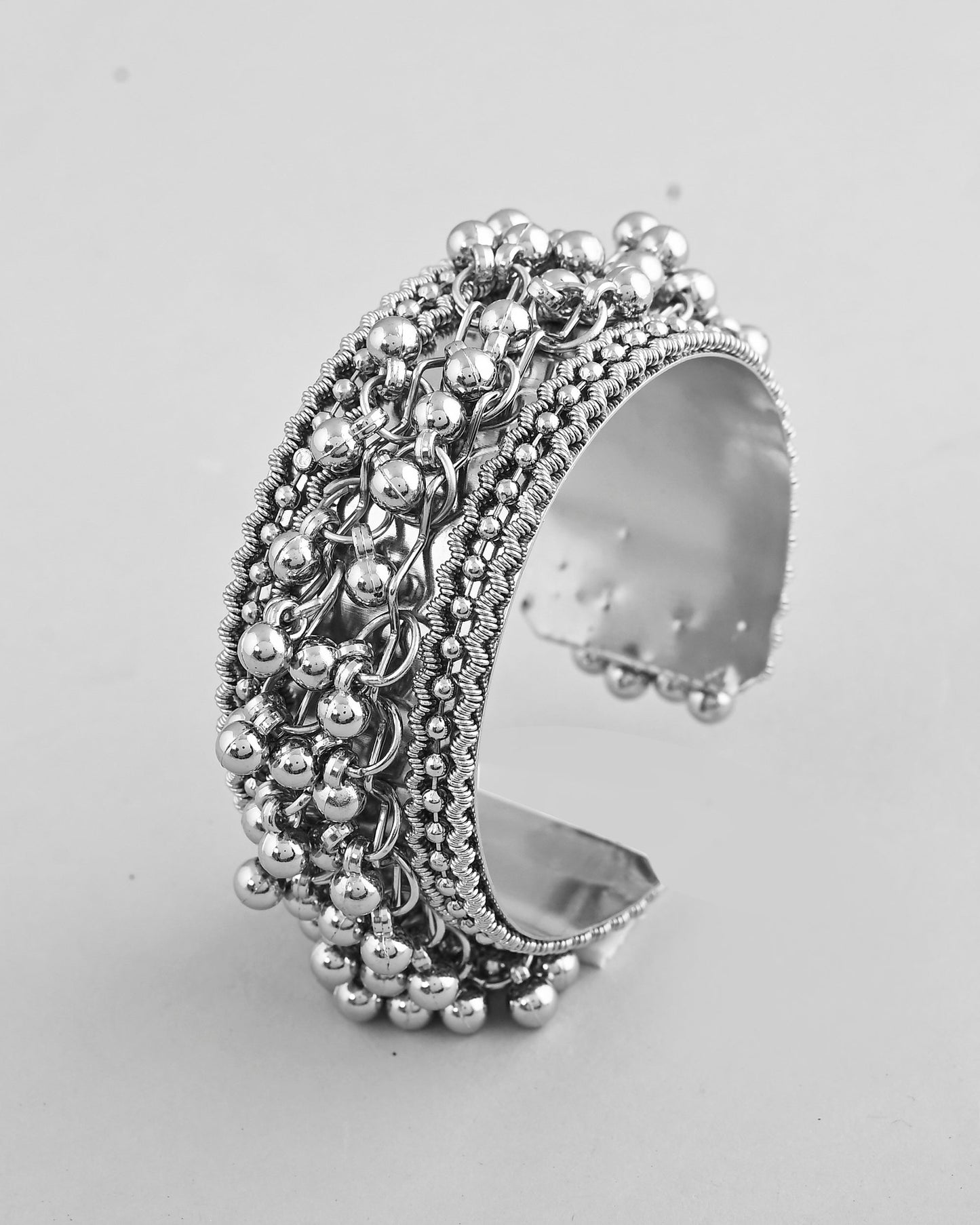 VOJ Silver-Plated Ghungroo Studded Oxidized Cuff Bracelet - Swadesiicart