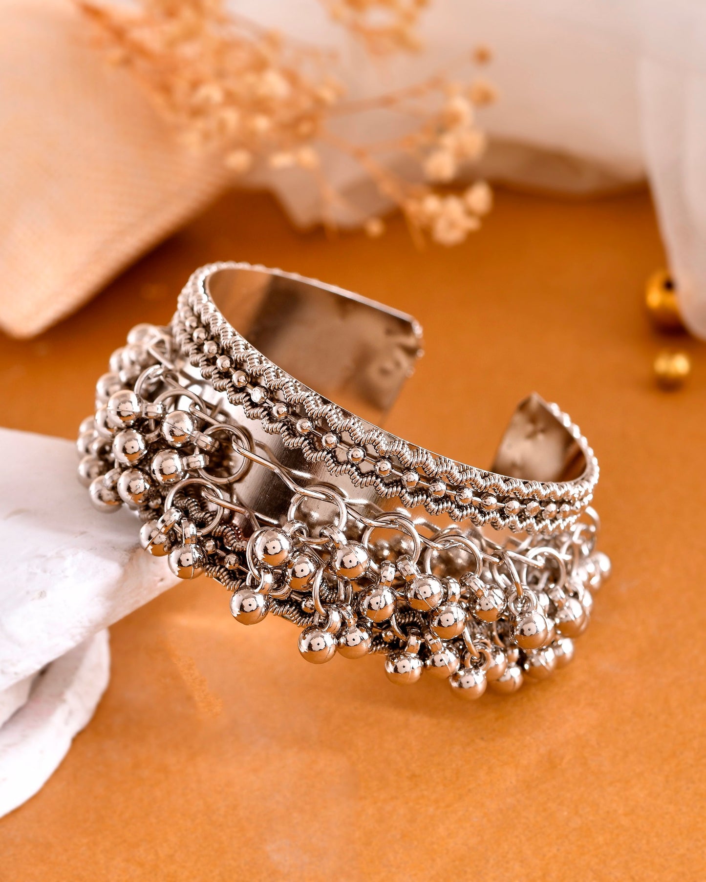 VOJ Silver-Plated Ghungroo Studded Oxidized Cuff Bracelet - Swadesiicart