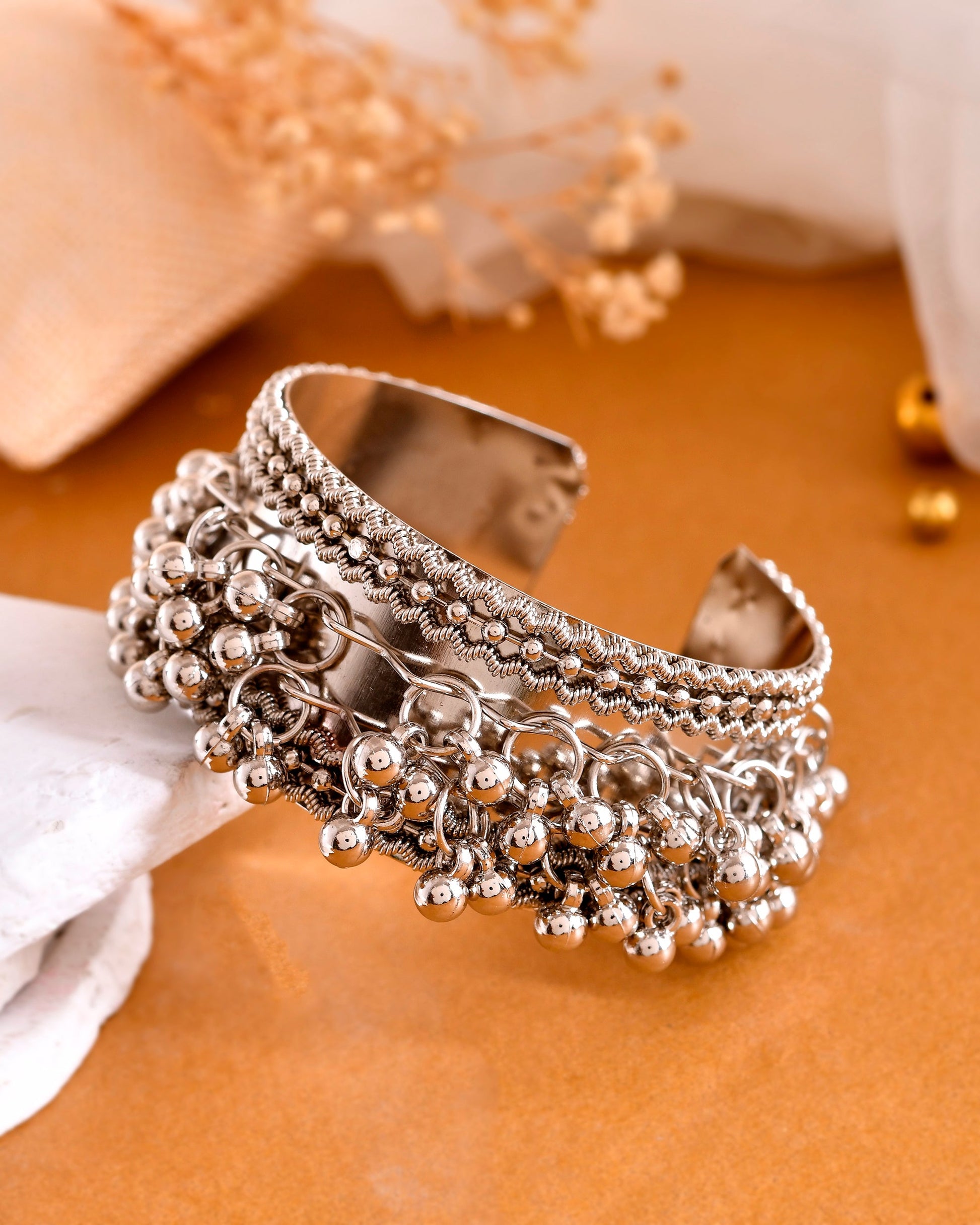 VOJ Silver-Plated Ghungroo Studded Oxidized Cuff Bracelet - Swadesiicart