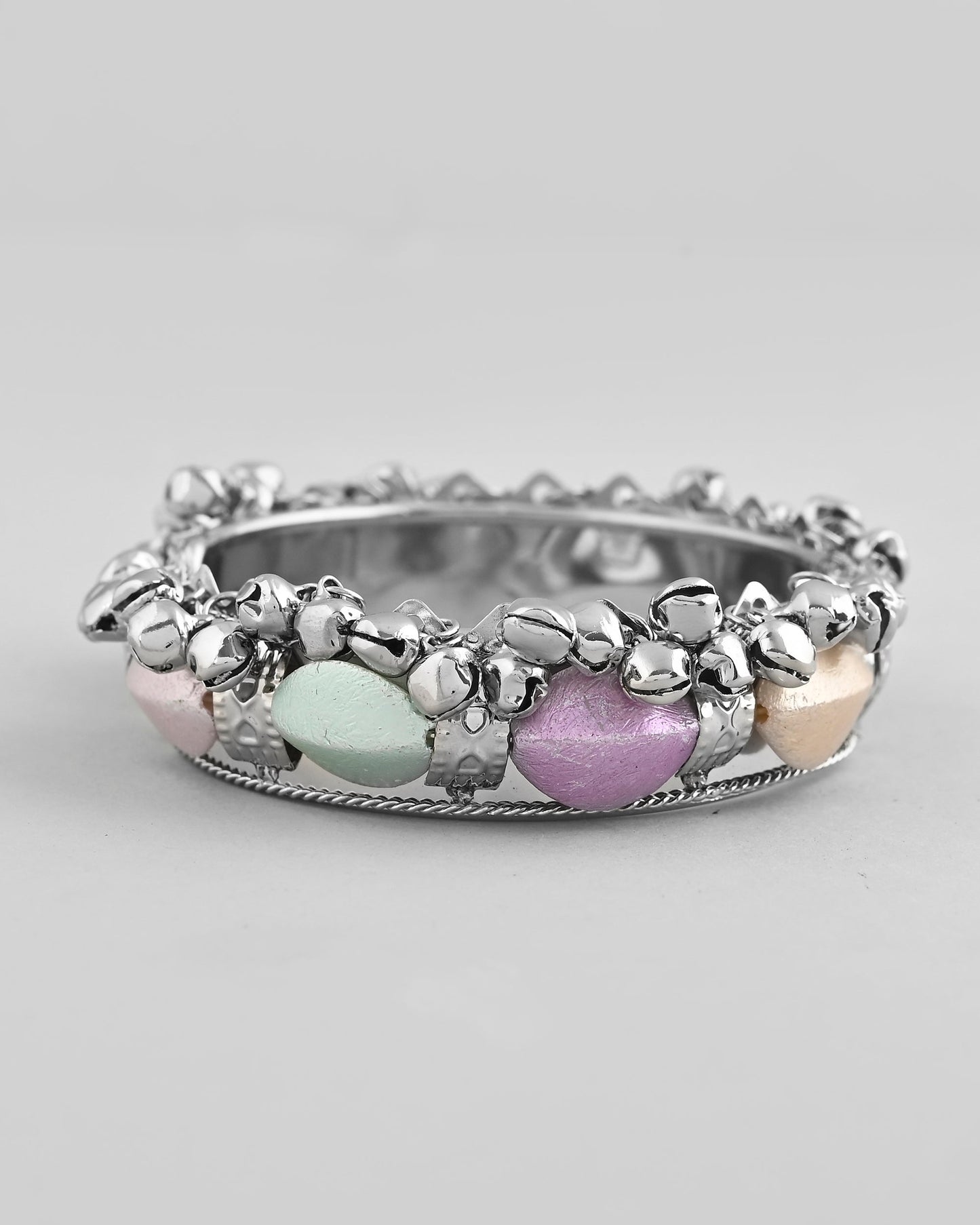 VOJ Silver-Plated Multi Colour Stone Studded Oxidized Cuff Bracelet - Swadesiicart