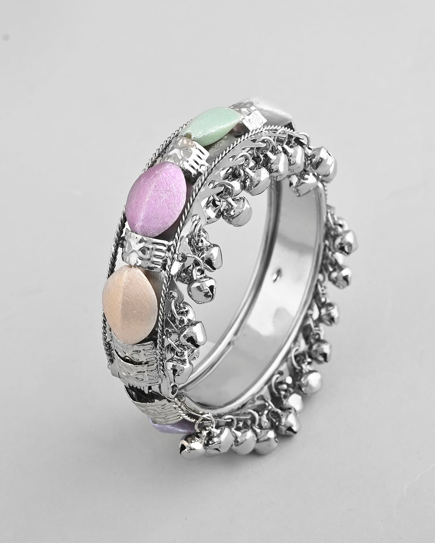 VOJ Silver-Plated Multi Colour Stone Studded Oxidized Cuff Bracelet - Swadesiicart
