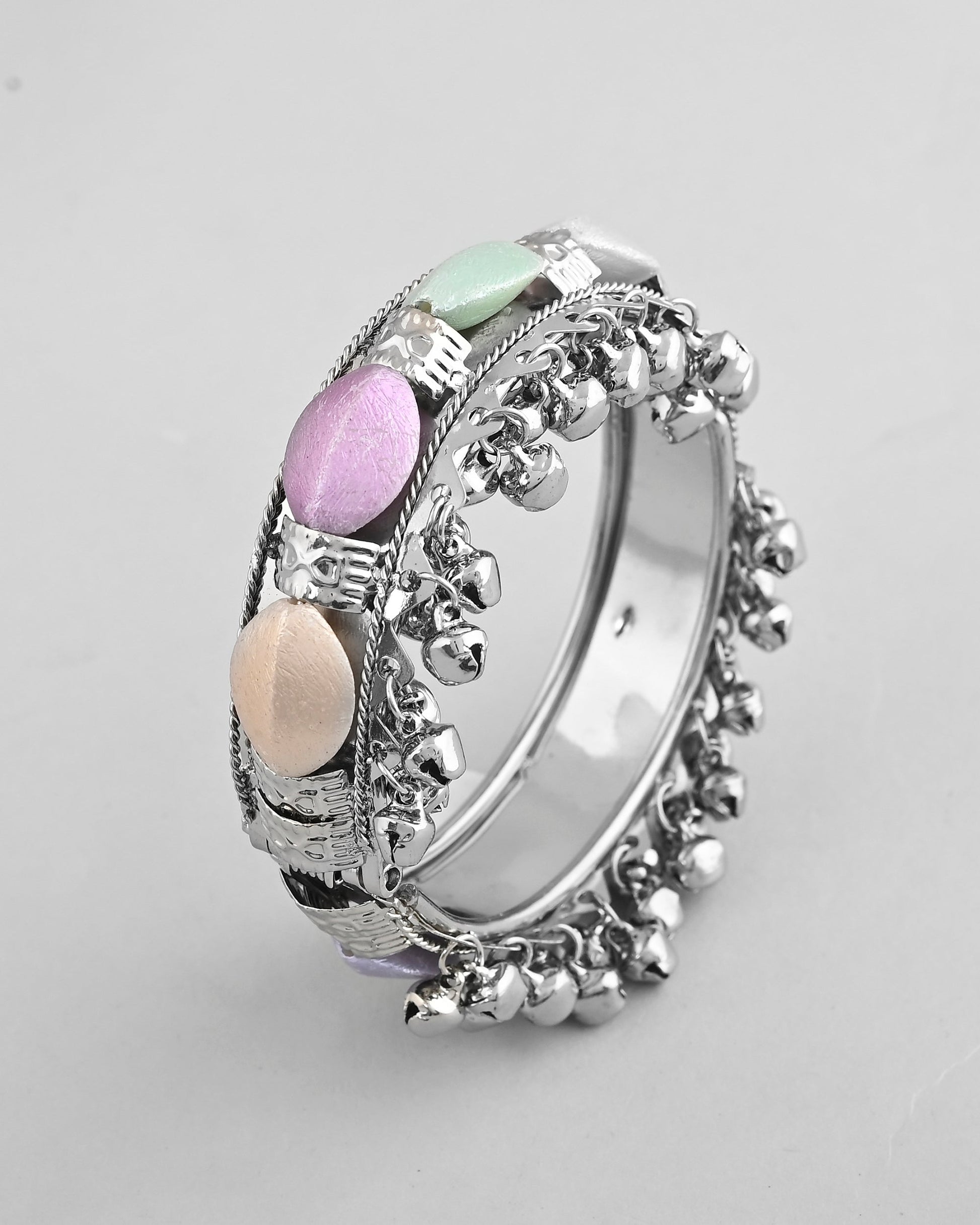 VOJ Silver-Plated Multi Colour Stone Studded Oxidized Cuff Bracelet - Swadesiicart