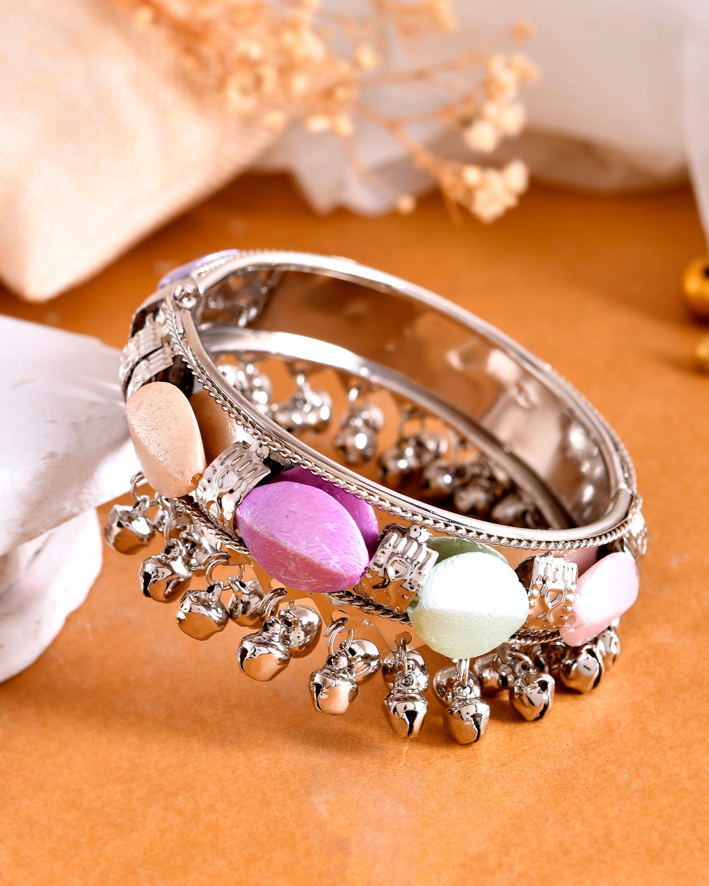 VOJ Silver-Plated Multi Colour Stone Studded Oxidized Cuff Bracelet - Swadesiicart