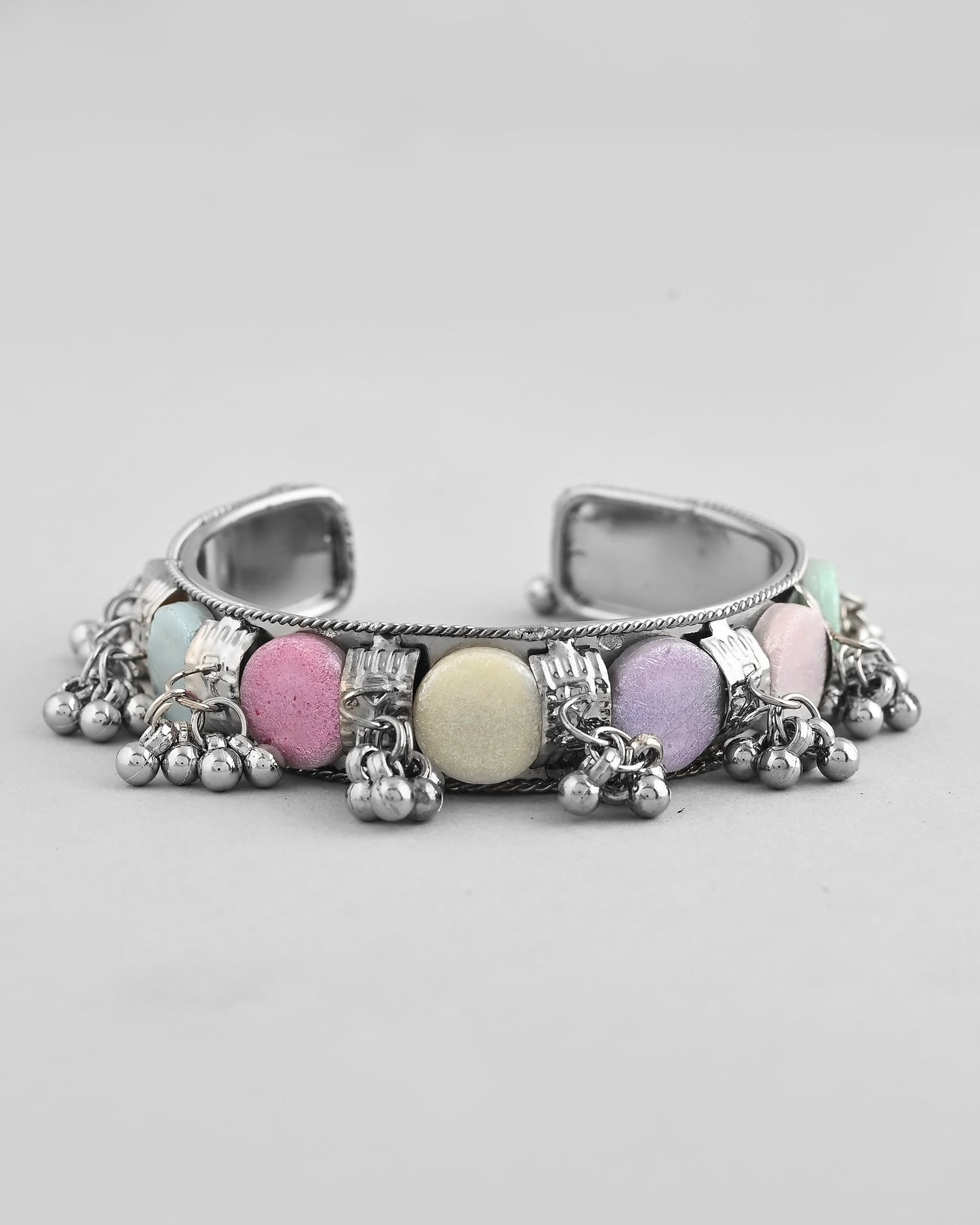 VOJ Silver-Plated Multi Colour Stone And Ghungroo Studded Oxidized Cuff Bracelet - Swadesiicart