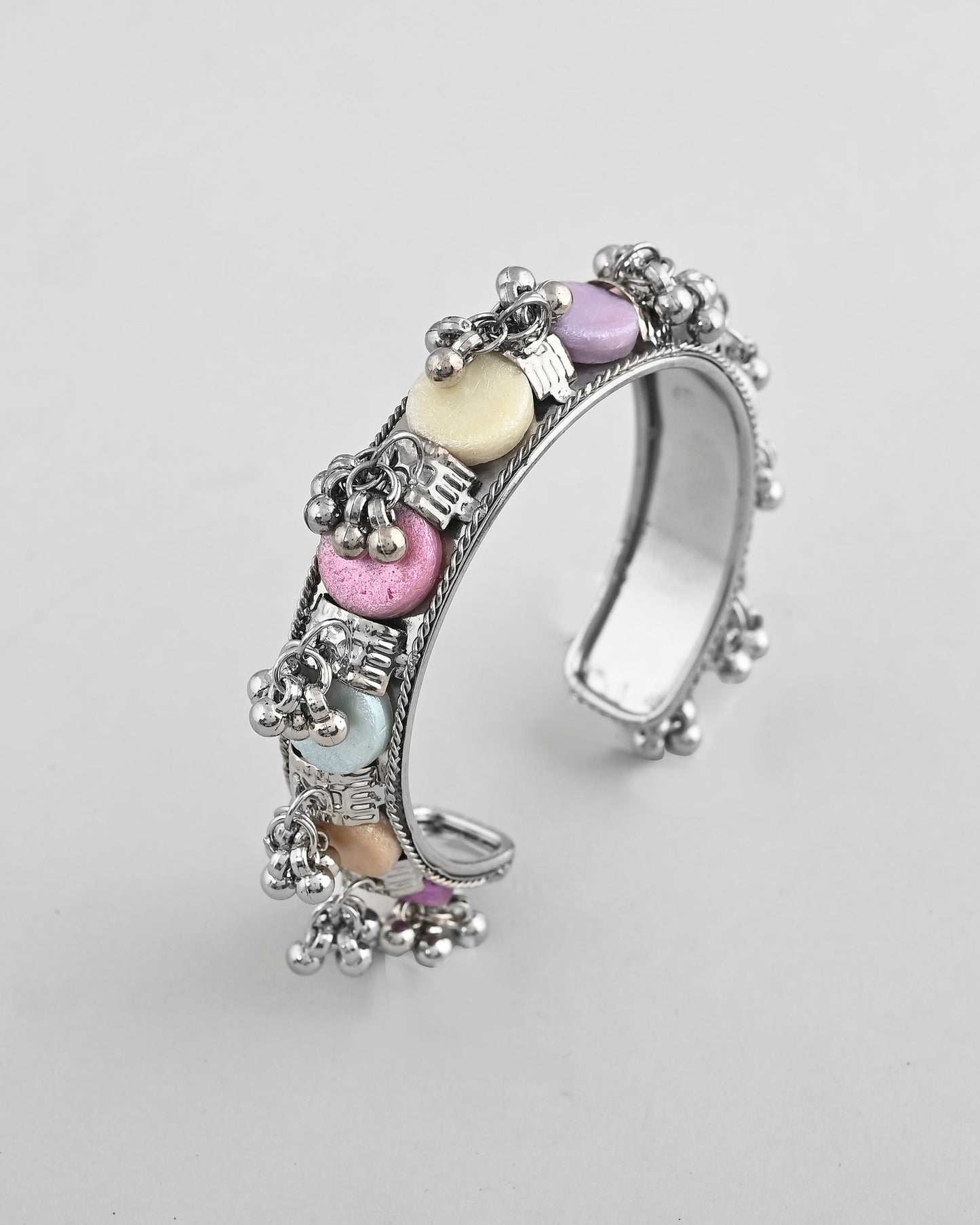 VOJ Silver-Plated Multi Colour Stone And Ghungroo Studded Oxidized Cuff Bracelet - Swadesiicart