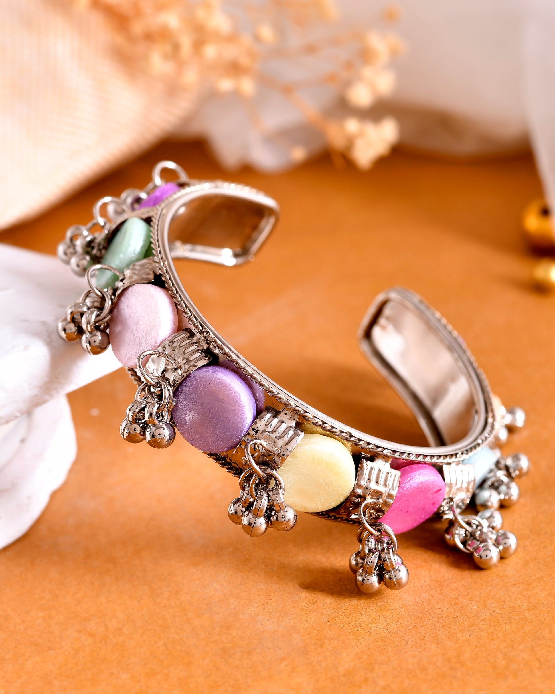 VOJ Silver-Plated Multi Colour Stone And Ghungroo Studded Oxidized Cuff Bracelet - Swadesiicart