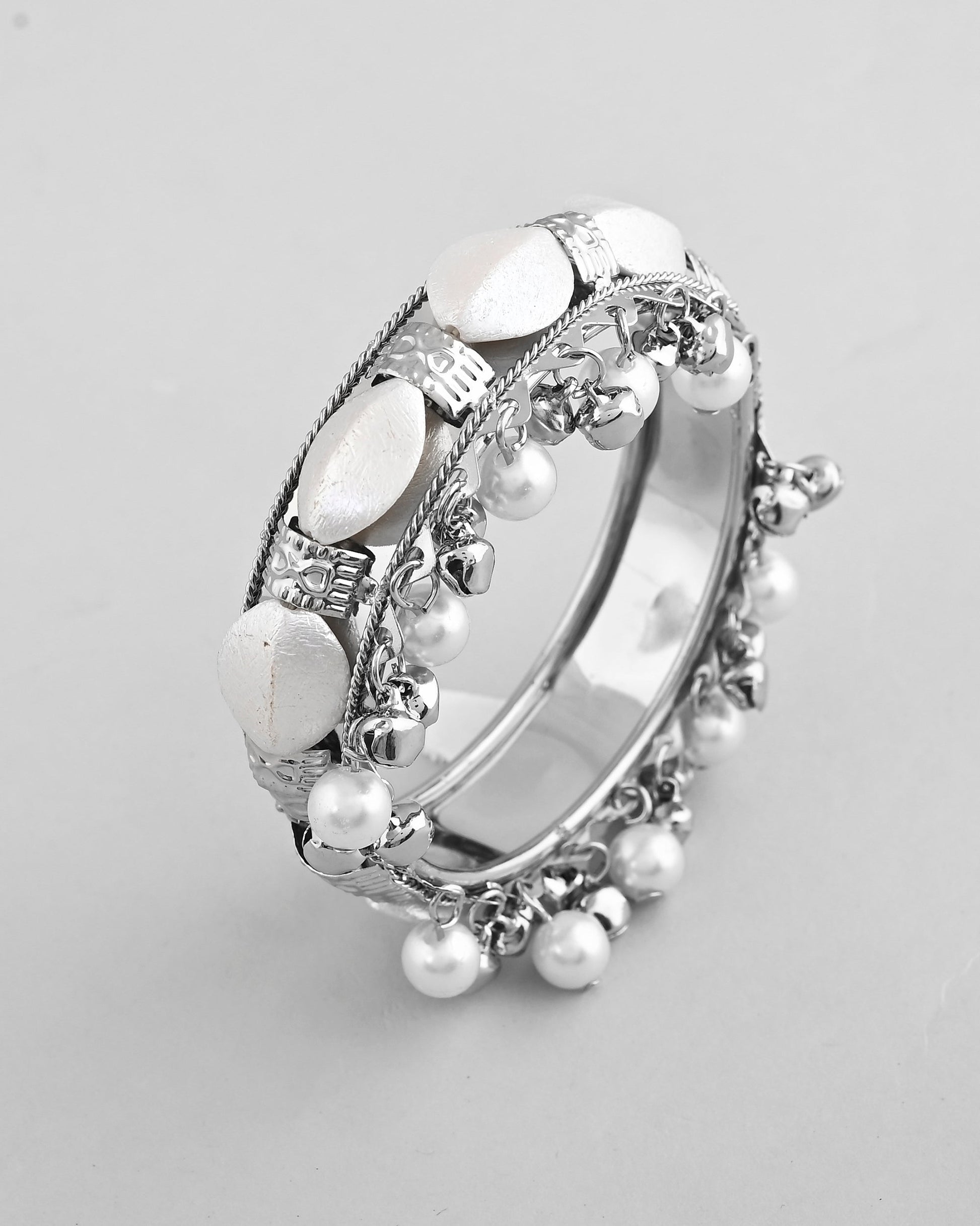 VOJ Silver-Plated Pearl And Ghungroo Studded Oxidized Cuff Bracelet - Swadesiicart