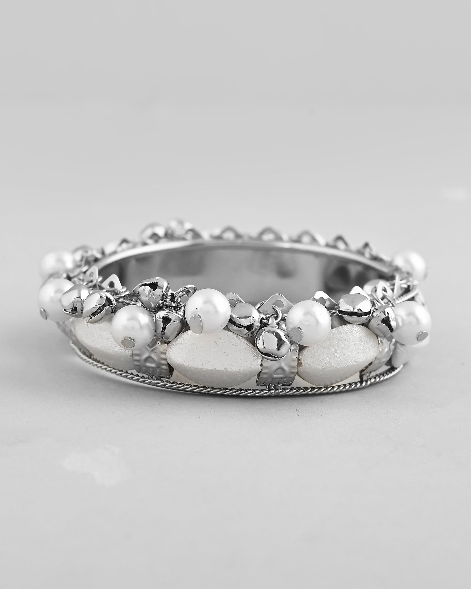 VOJ Silver-Plated Pearl And Ghungroo Studded Oxidized Cuff Bracelet - Swadesiicart