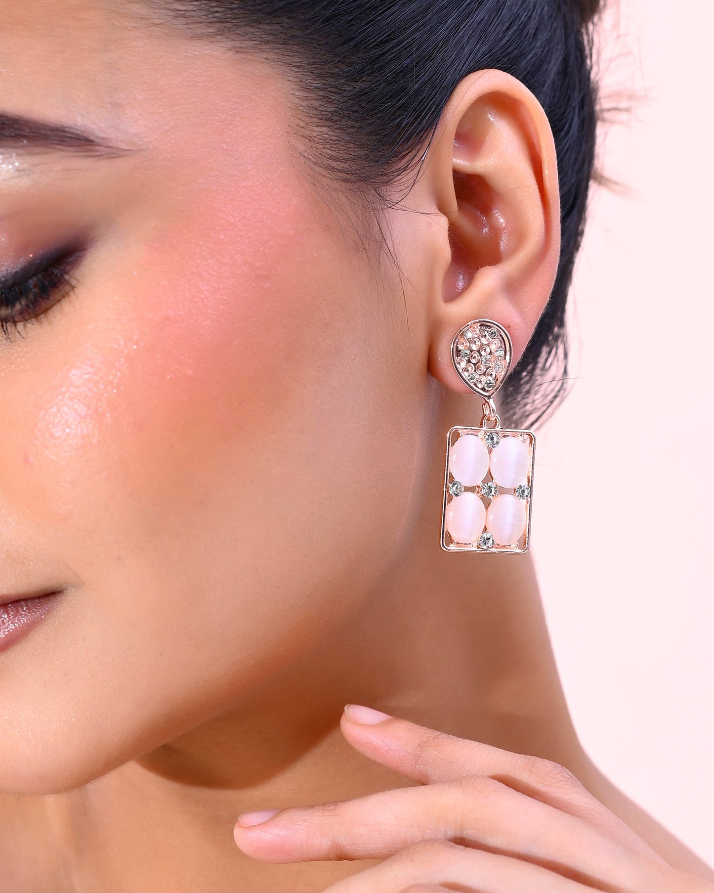 VOJ Rose Gold-Polished Stone Studded Rectangular Drop Earrings - Swadesiicart