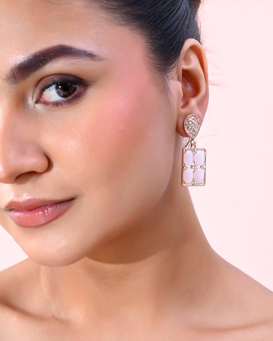 VOJ Rose Gold-Polished Stone Studded Rectangular Drop Earrings - Swadesiicart