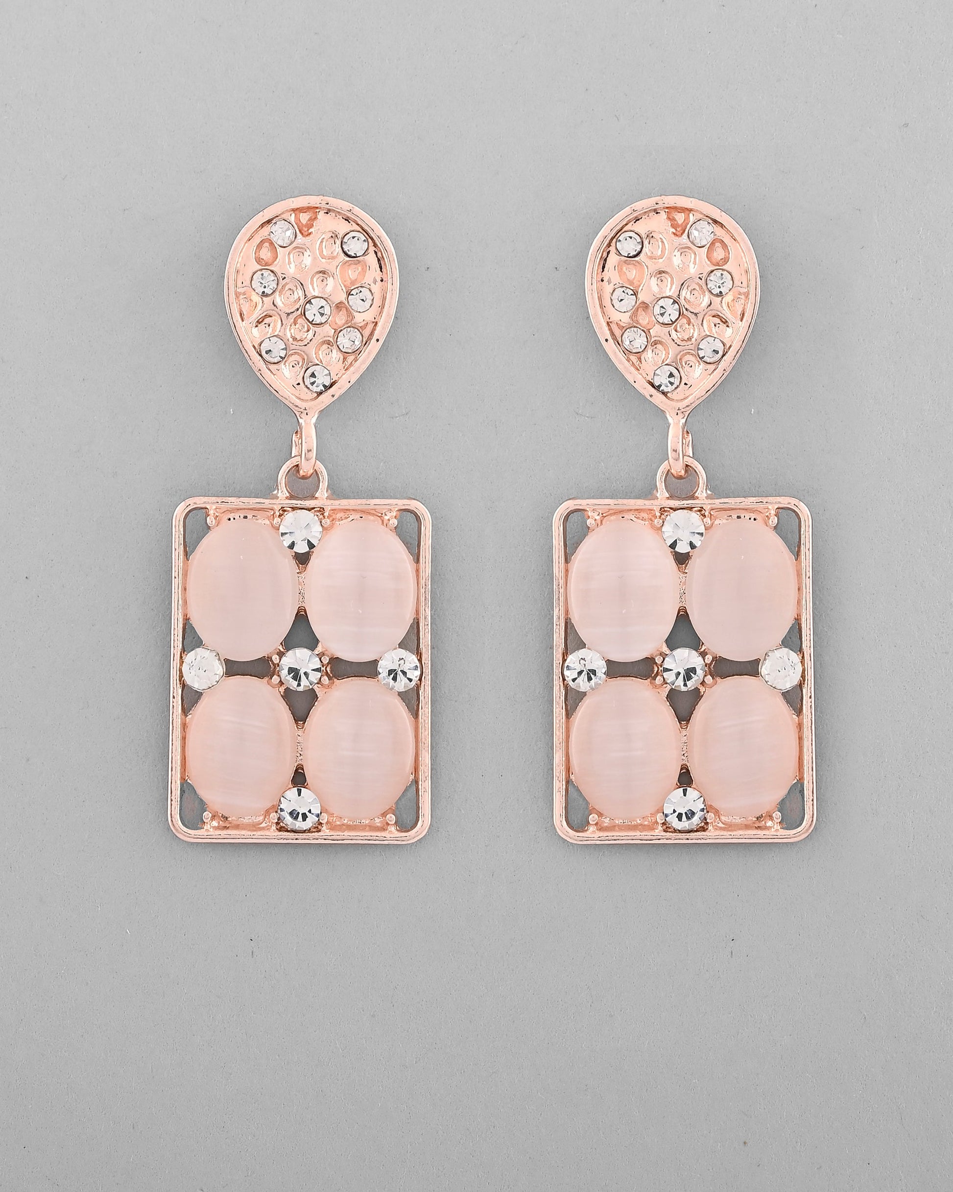 VOJ Rose Gold-Polished Stone Studded Rectangular Drop Earrings - Swadesiicart