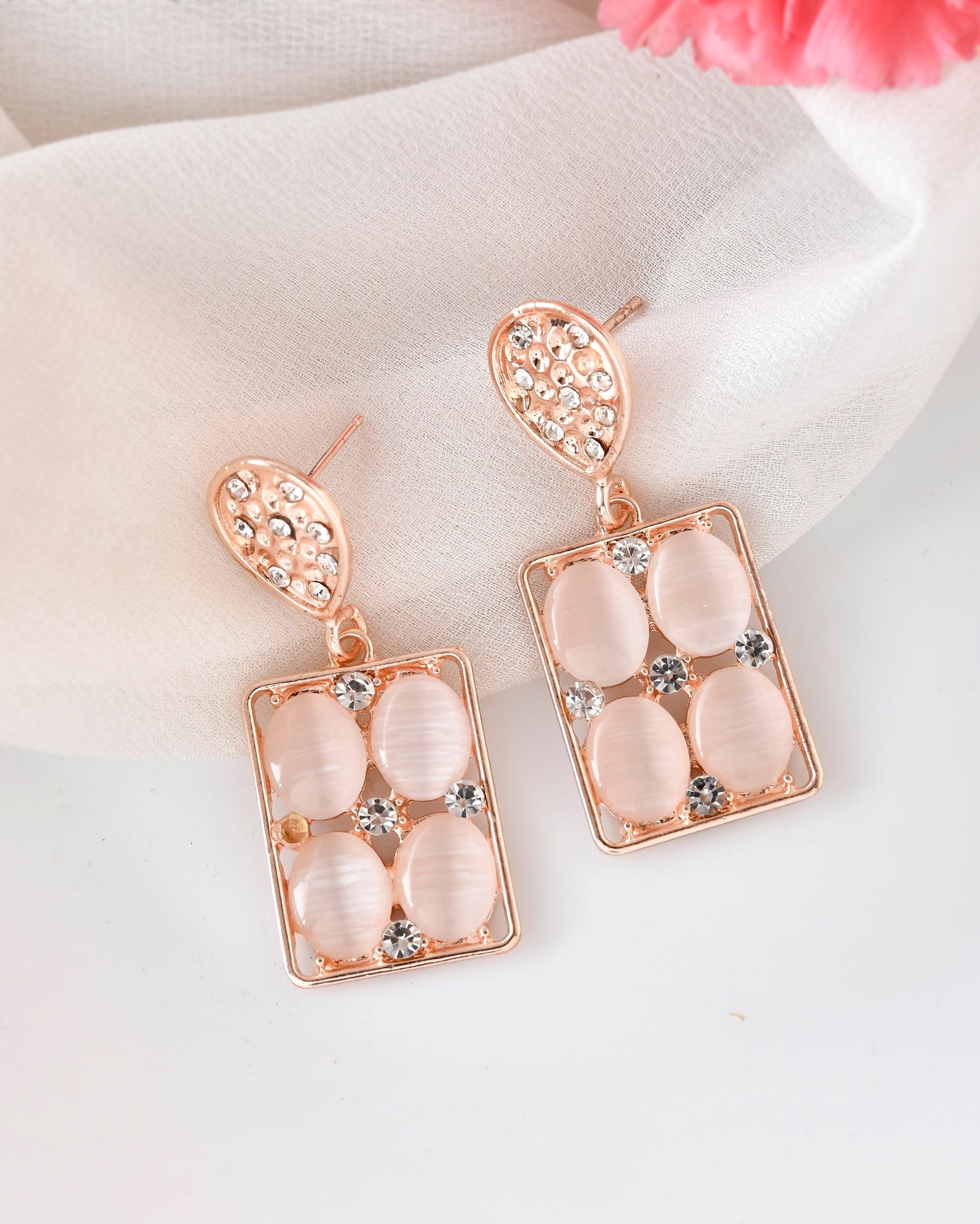 VOJ Rose Gold-Polished Stone Studded Rectangular Drop Earrings - Swadesiicart