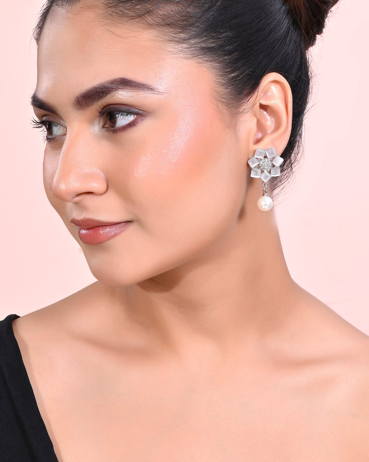 VOJ Silver Plated Floral Stone Studded Earrings - Swadesiicart