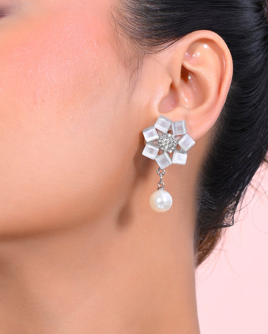 VOJ Silver Plated Floral Stone Studded Earrings - Swadesiicart