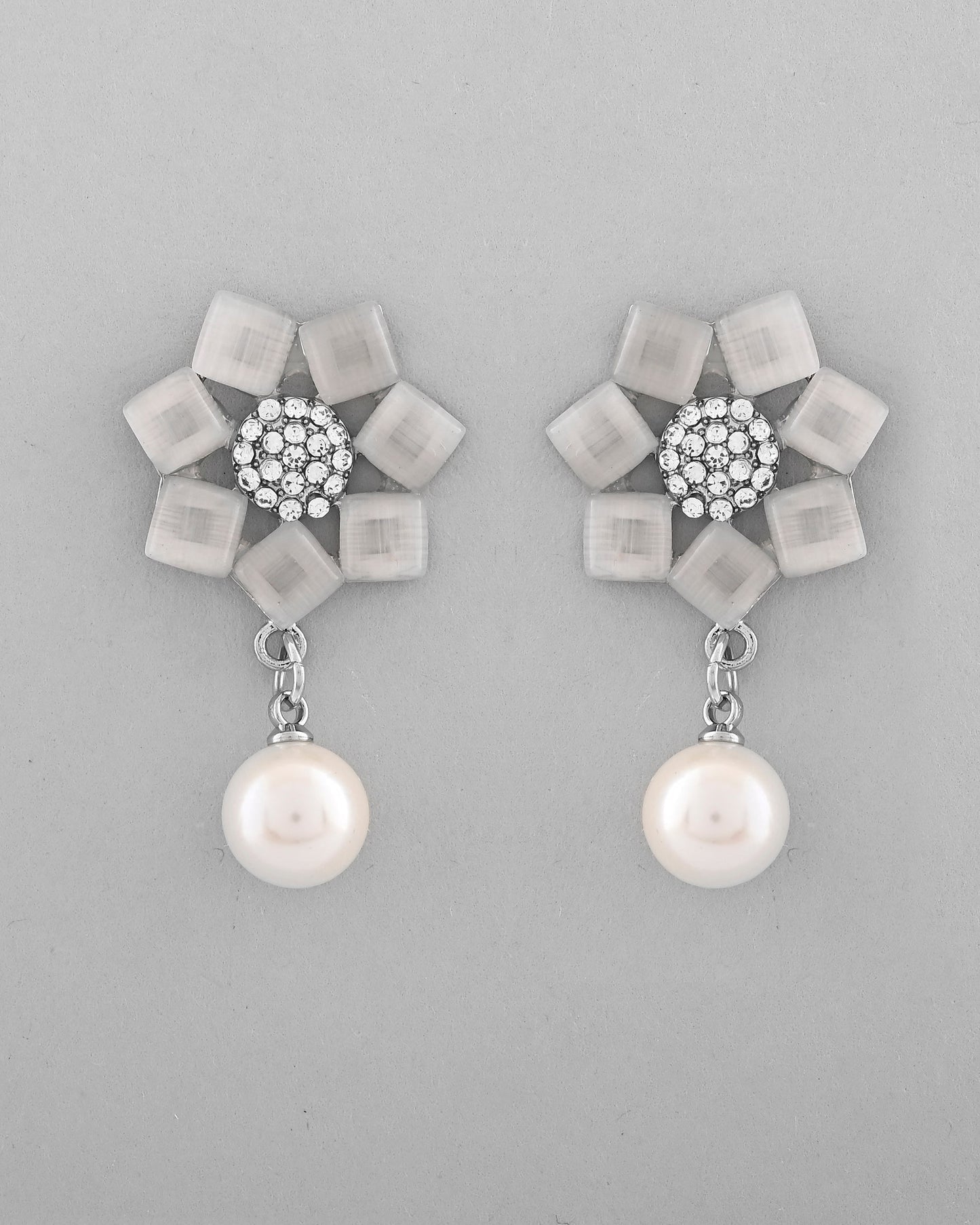 VOJ Silver Plated Floral Stone Studded Earrings - Swadesiicart