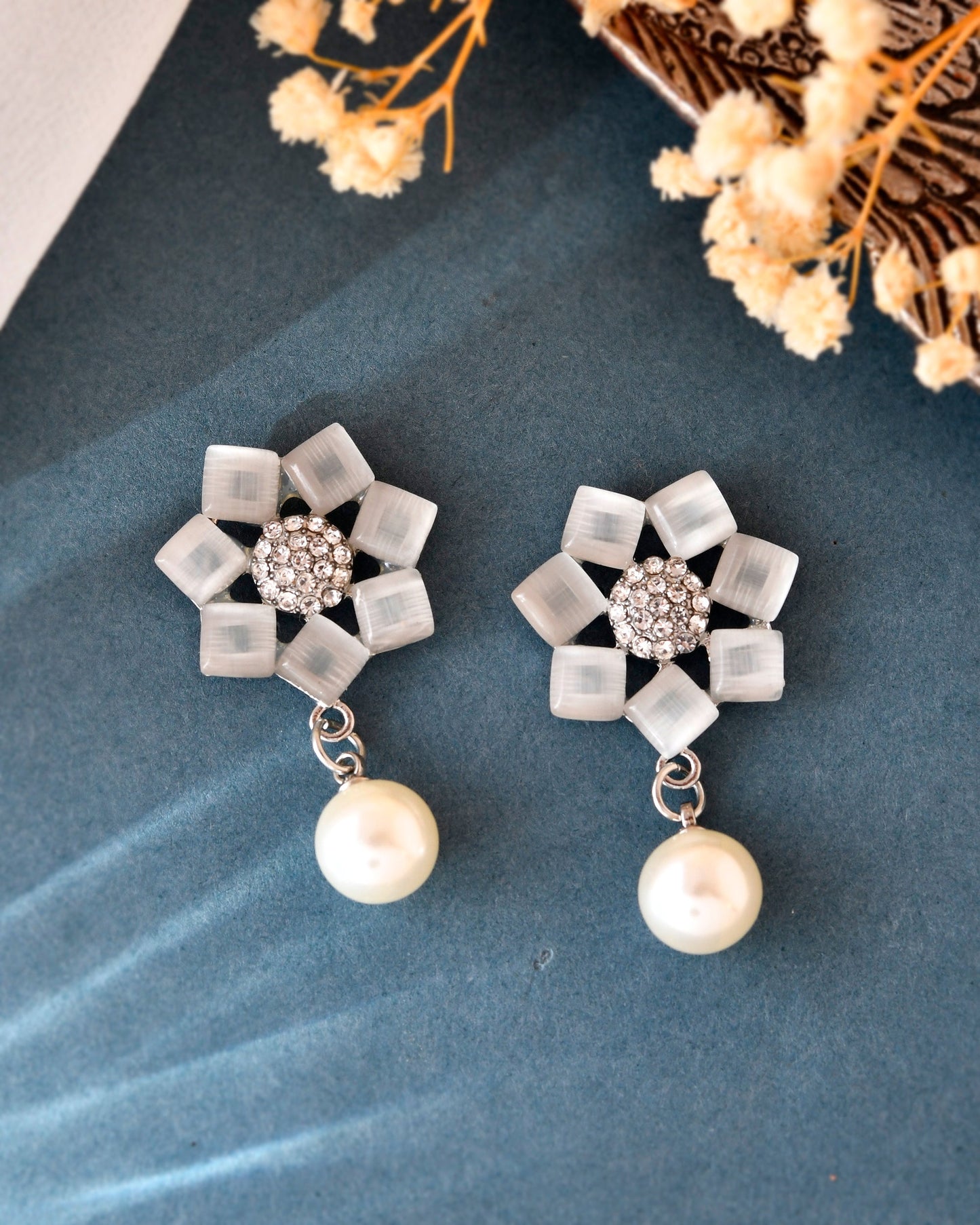 VOJ Silver Plated Floral Stone Studded Earrings - Swadesiicart