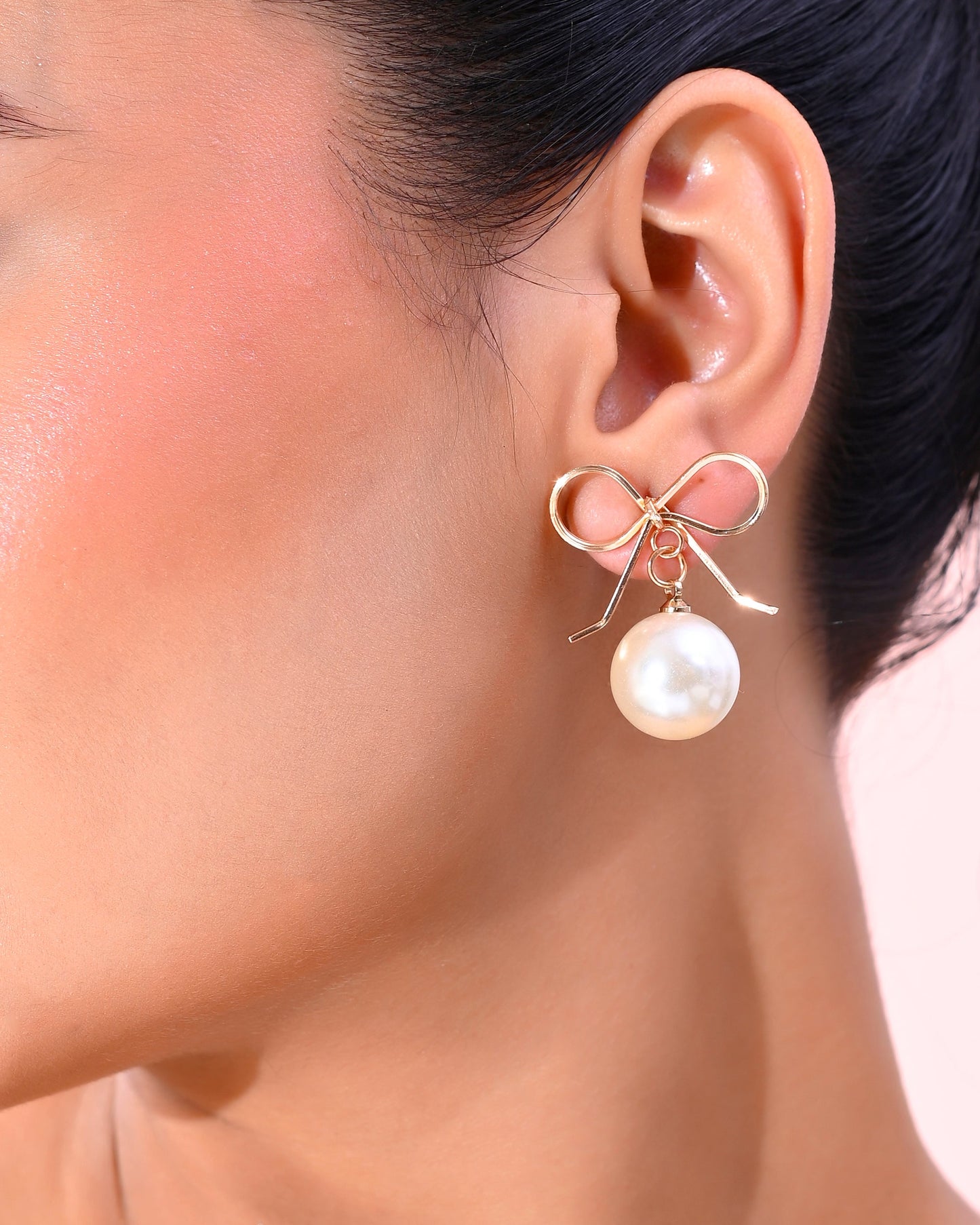 VOJ Gold-Polished Pearl & Bow Shaped Classic Drop Earrings - Swadesiicart